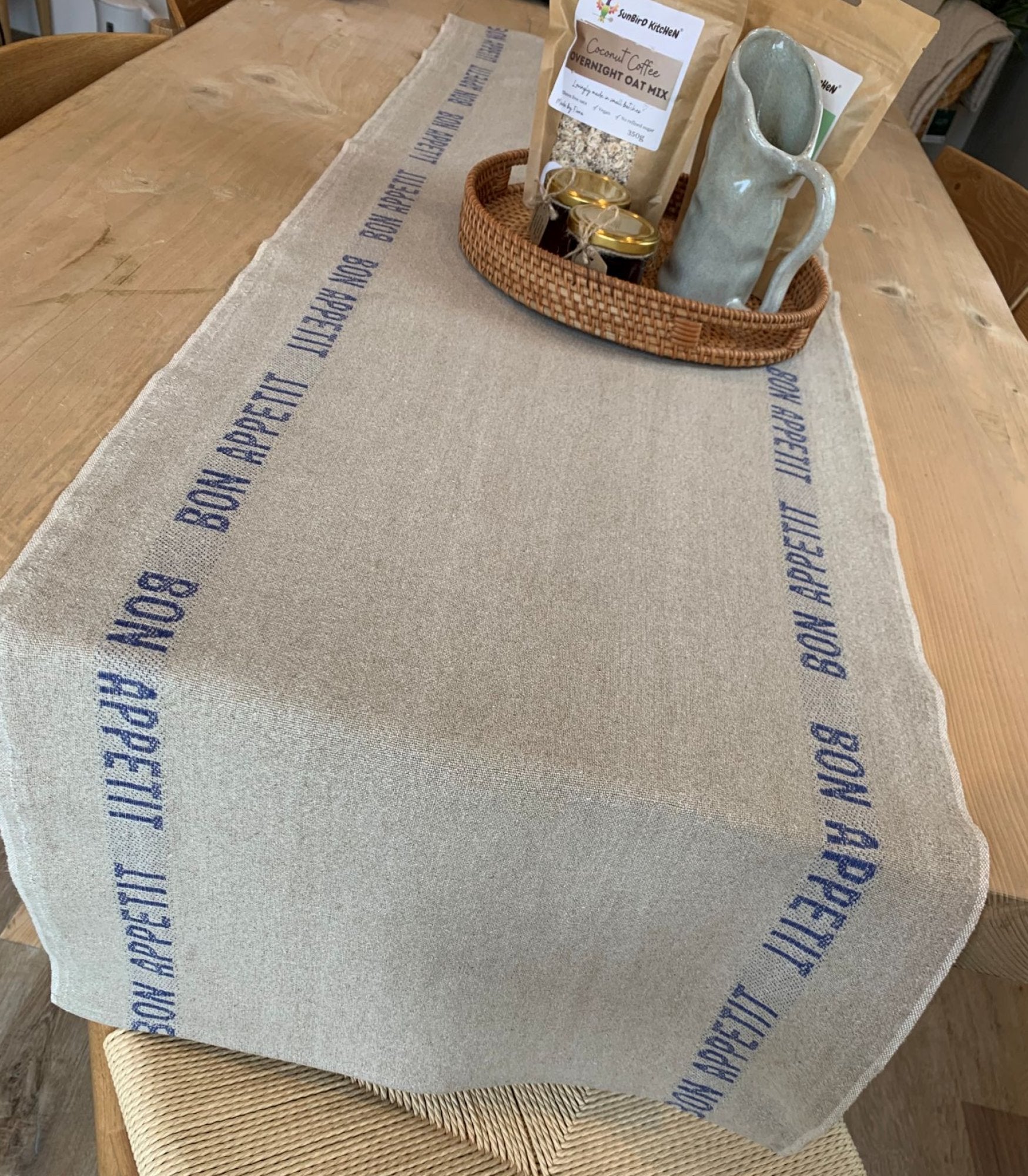 Charvet Editions "Bon Appetit" (Blue), Natural woven linen table runner. Made in France.