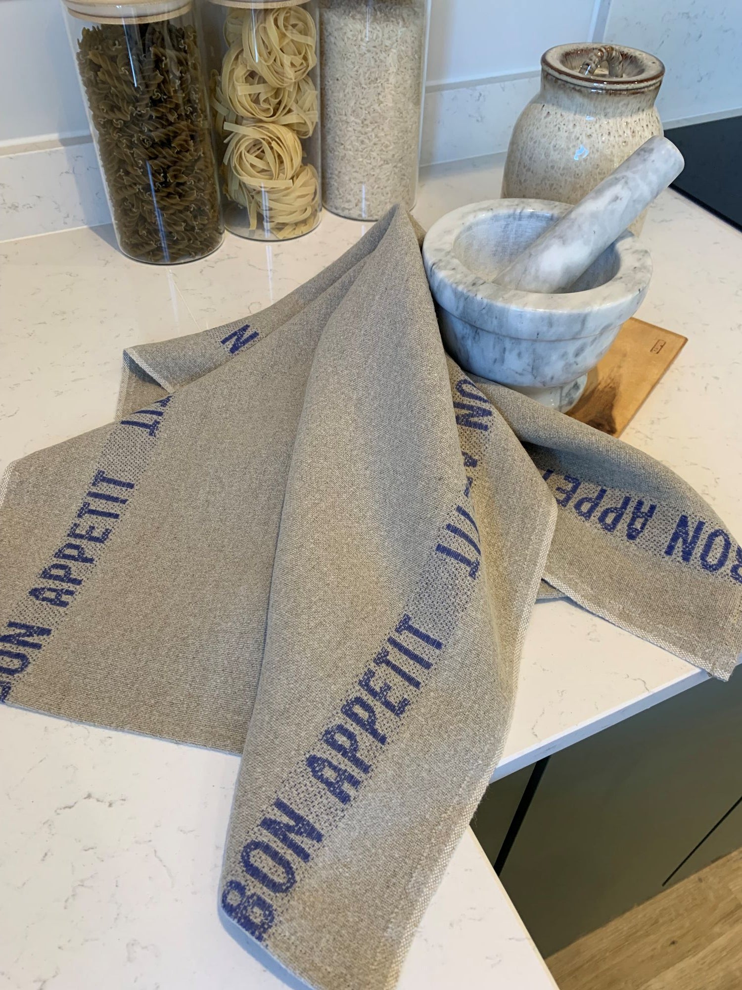 Charvet Editions "Bon Appetit" (Blue), Natural woven linen tea towel. Made in France.