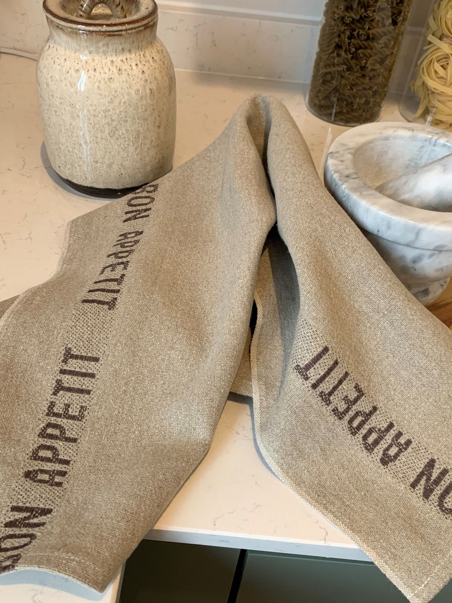 Charvet Editions "Bon Appetit" (Marron), Natural woven linen tea towel. Made in France.