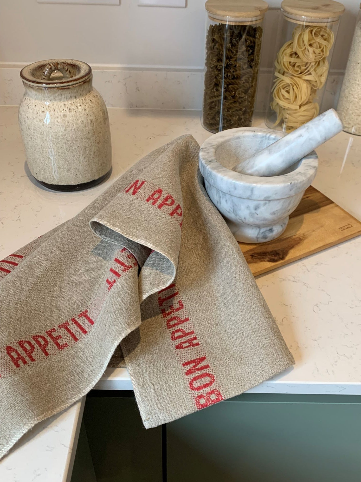 Charvet Editions "Bon Appetit" (Red), Natural woven linen tea towel. Made in France. - Home Landing