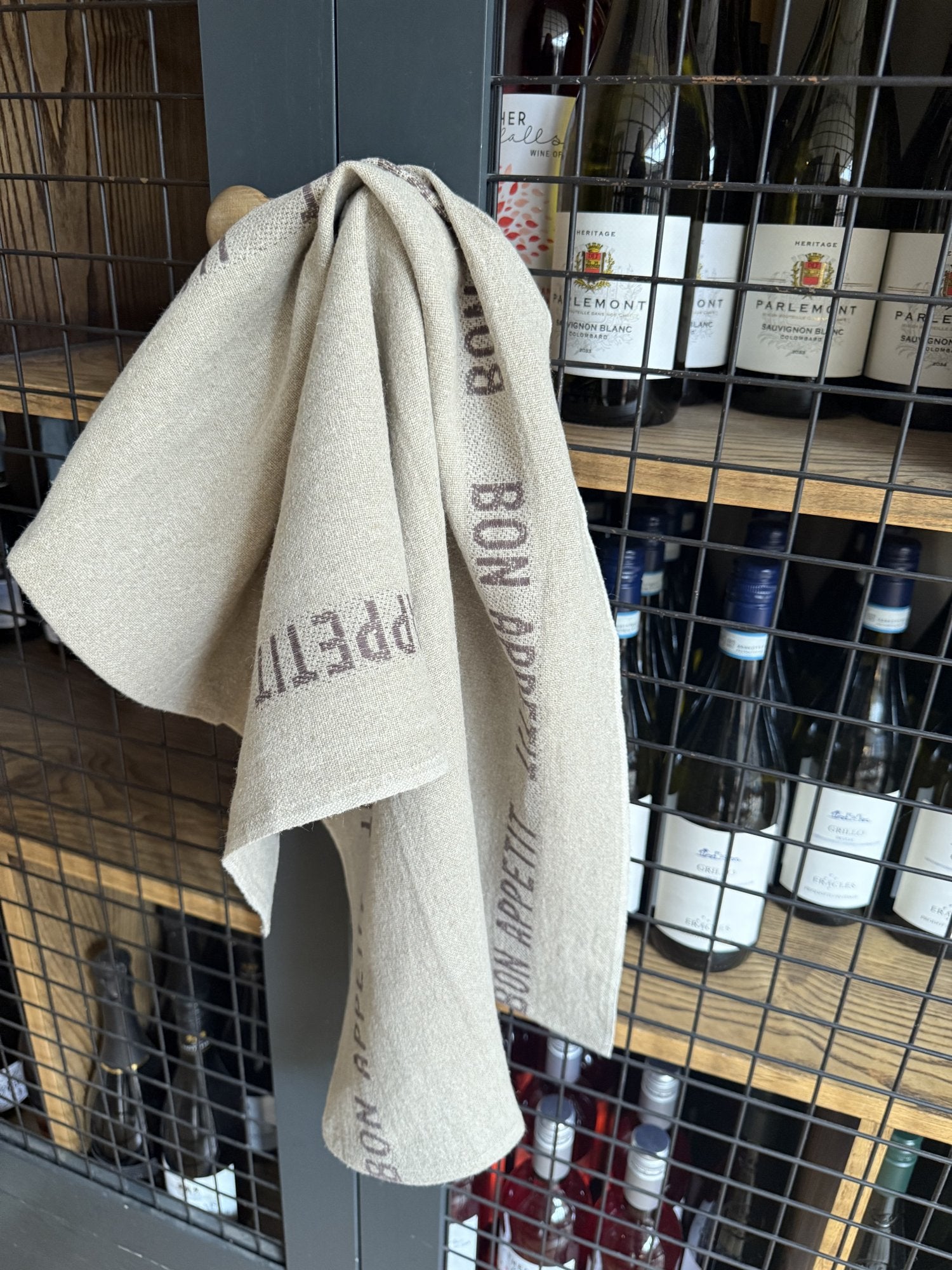 Charvet Editions "Bon Appetit" (Marron), Natural woven linen tea towel. Made in France.