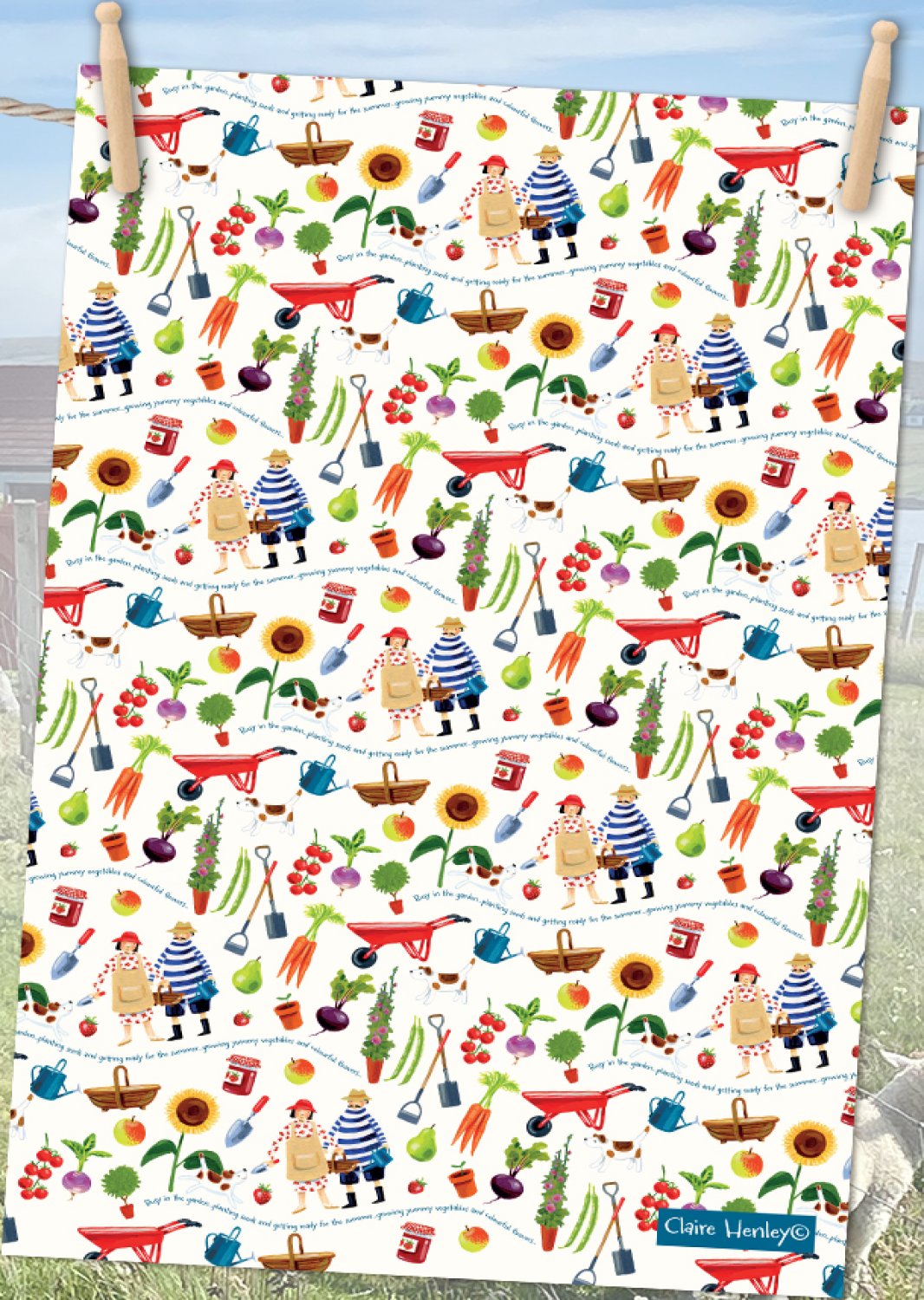 Emma Ball "Claire Henley Gardening", Pure cotton tea towel. Printed in the UK. - Home Landing