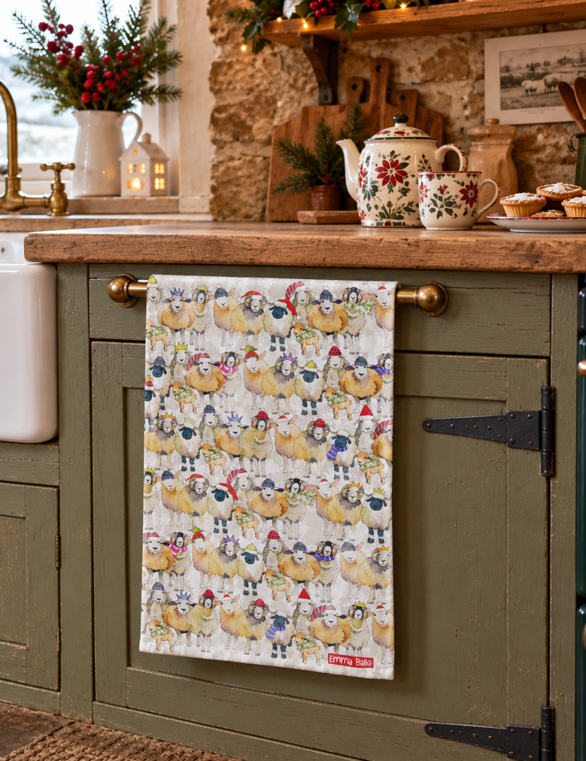 Emma Ball "Christmas Sheep Repeat", Pure cotton tea towel. Printed in the UK.