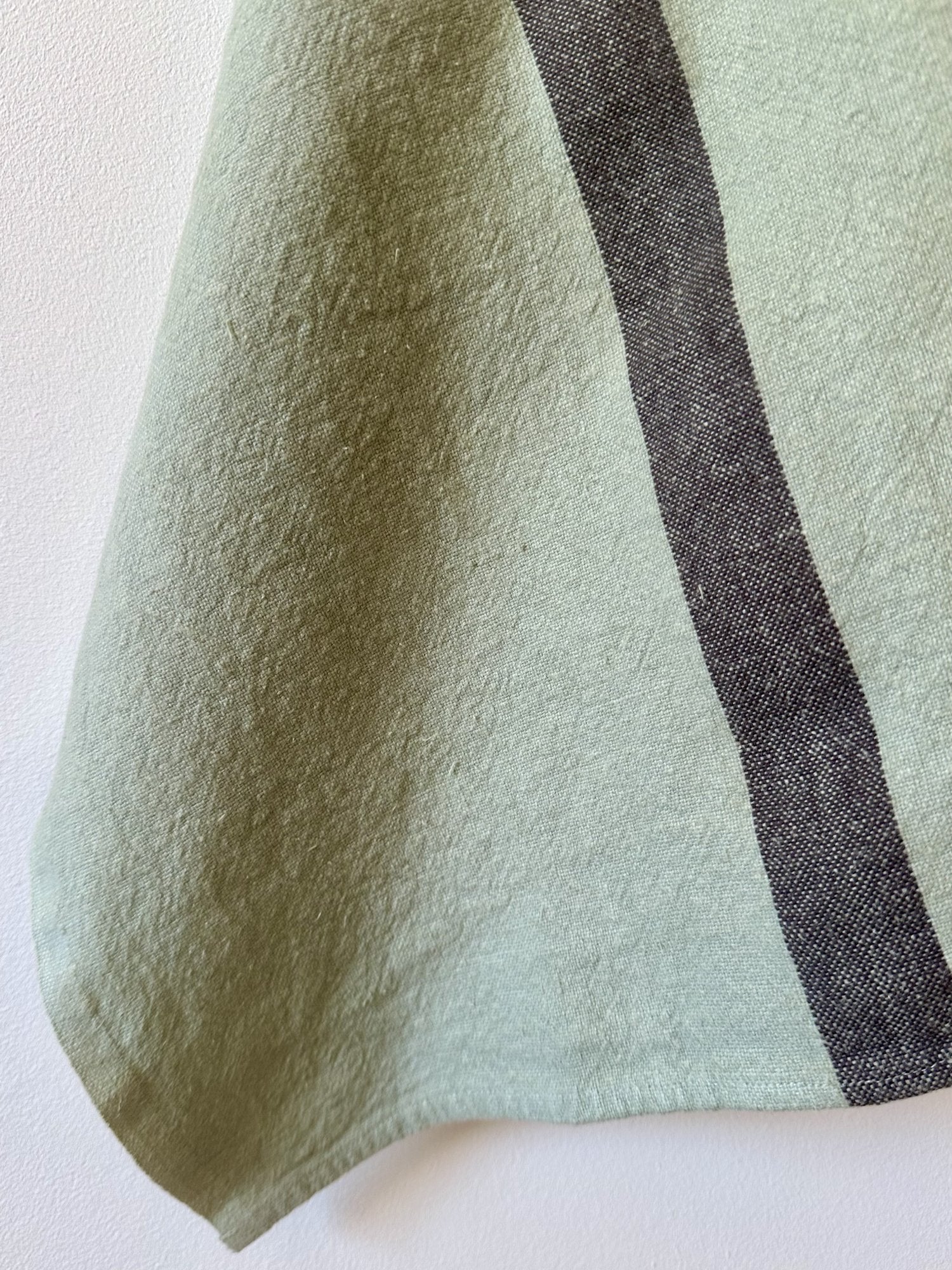 Charvet Editions "Doudou Stripe" (Pistache & Marron), Natural woven linen tea towel. Made in France.