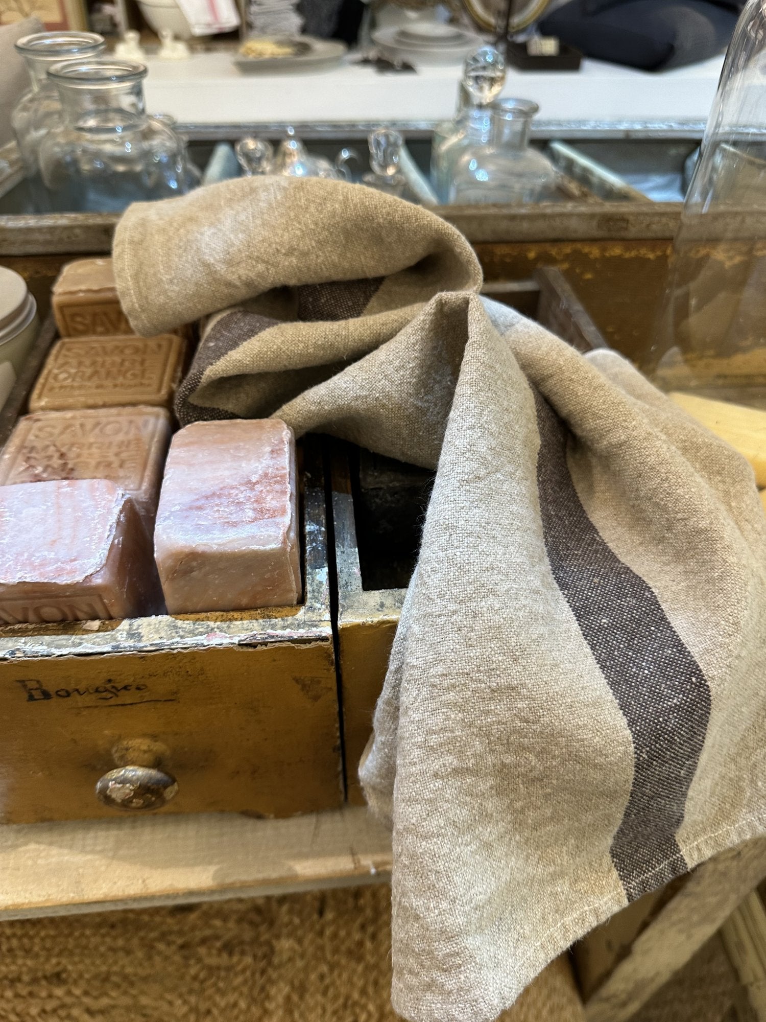 Charvet Editions "Doudou Stripe" (Natural & Marron), Natural woven linen tea towel. Made in France. - Home Landing