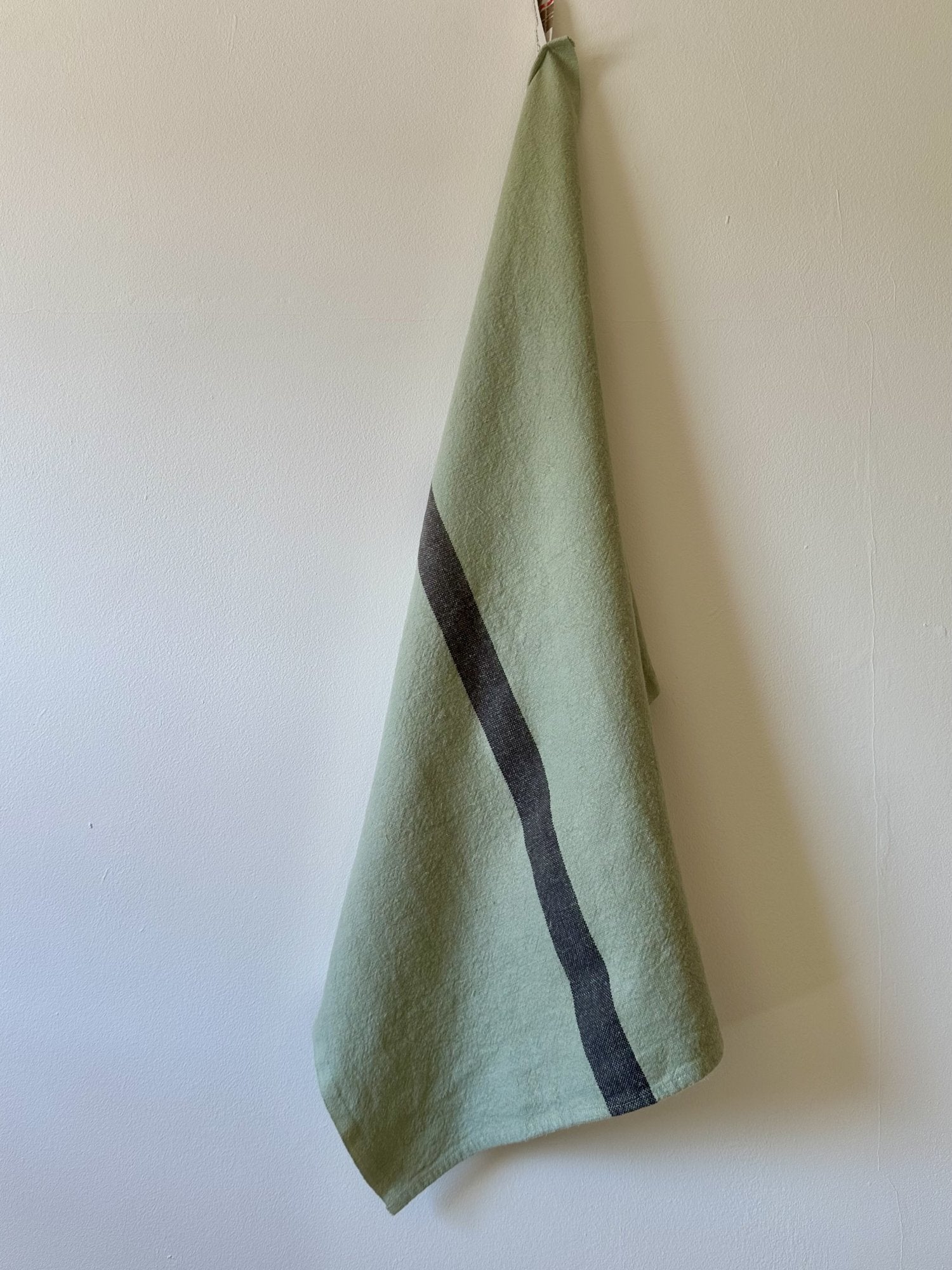 Charvet Editions "Doudou Stripe" (Pistache & Marron), Natural woven linen tea towel. Made in France.