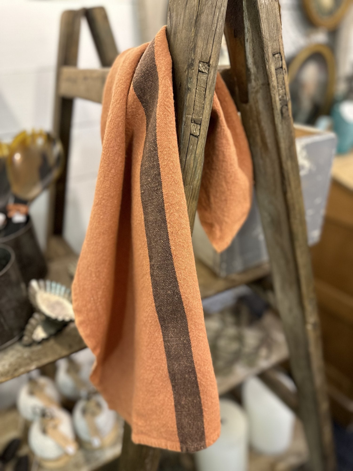 Charvet Editions "Doudou Stripe" (Terracotta & Marron), Natural linen tea towel. Made in France. - Home Landing