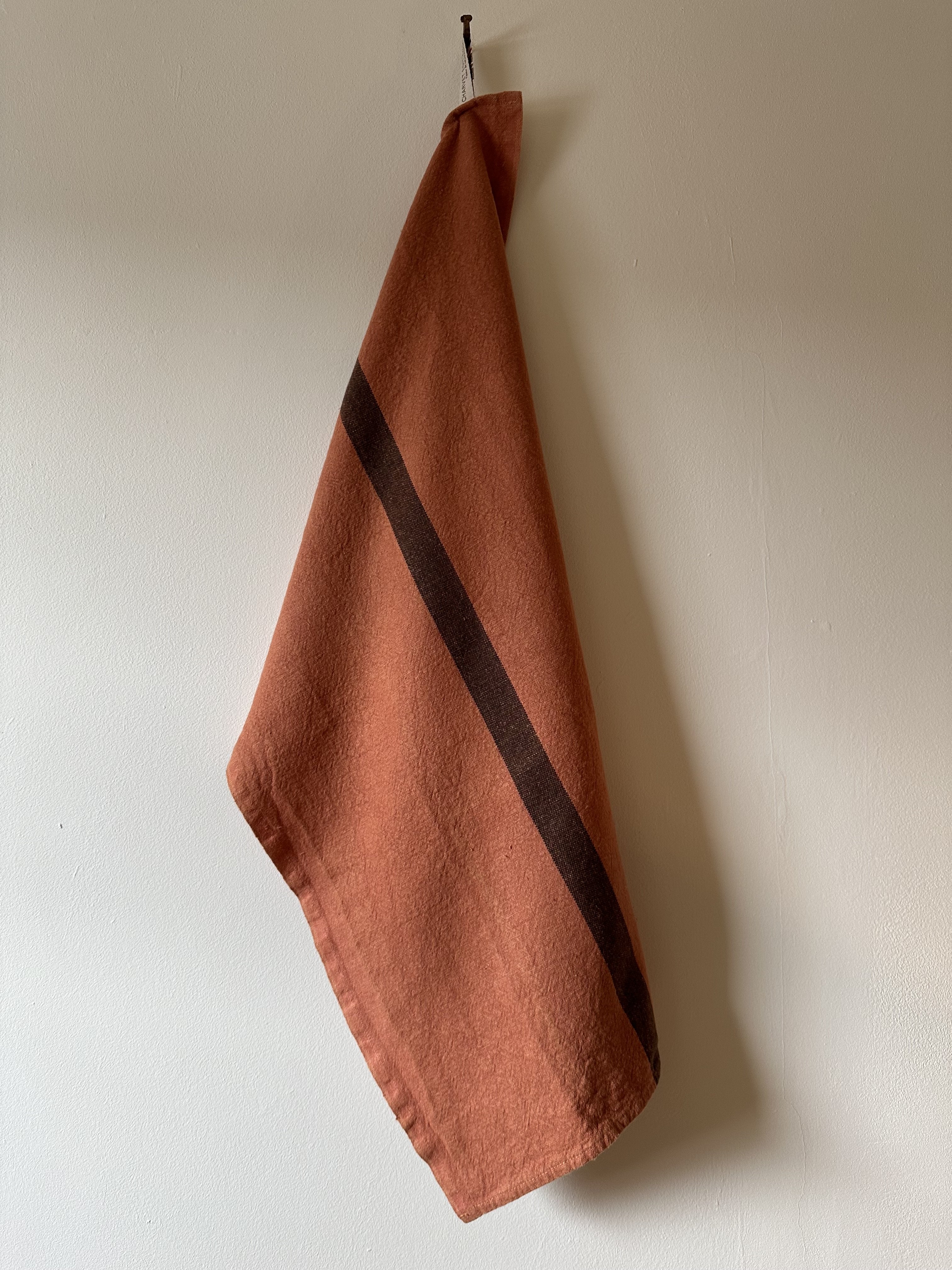 Charvet Editions "Doudou Stripe" (Terracotta & Marron), Natural linen tea towel. Made in France. - Home Landing