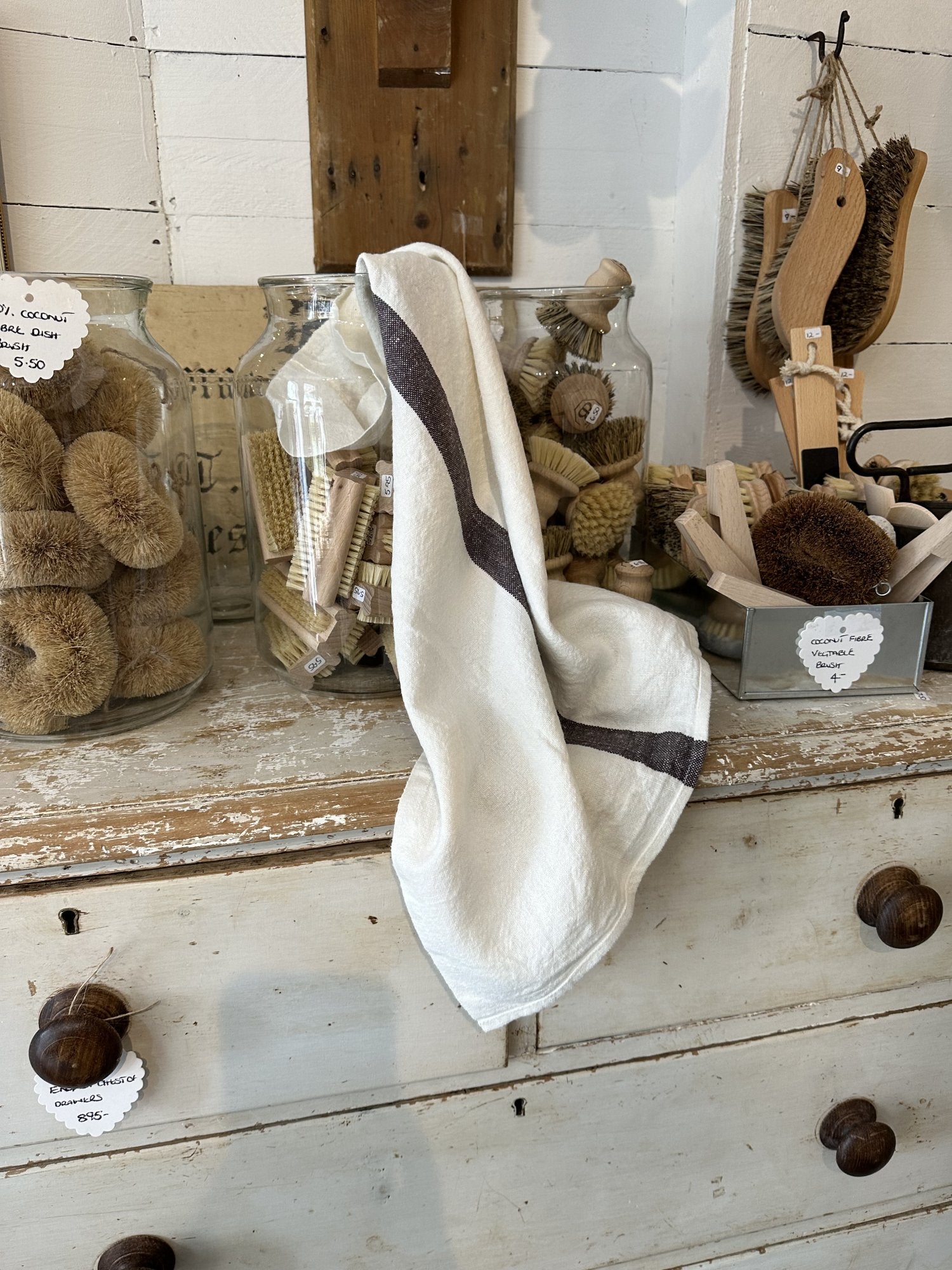 Charvet Editions "Doudou Stripe" (White & Marron), White woven linen tea towel. Made in France. - Home Landing