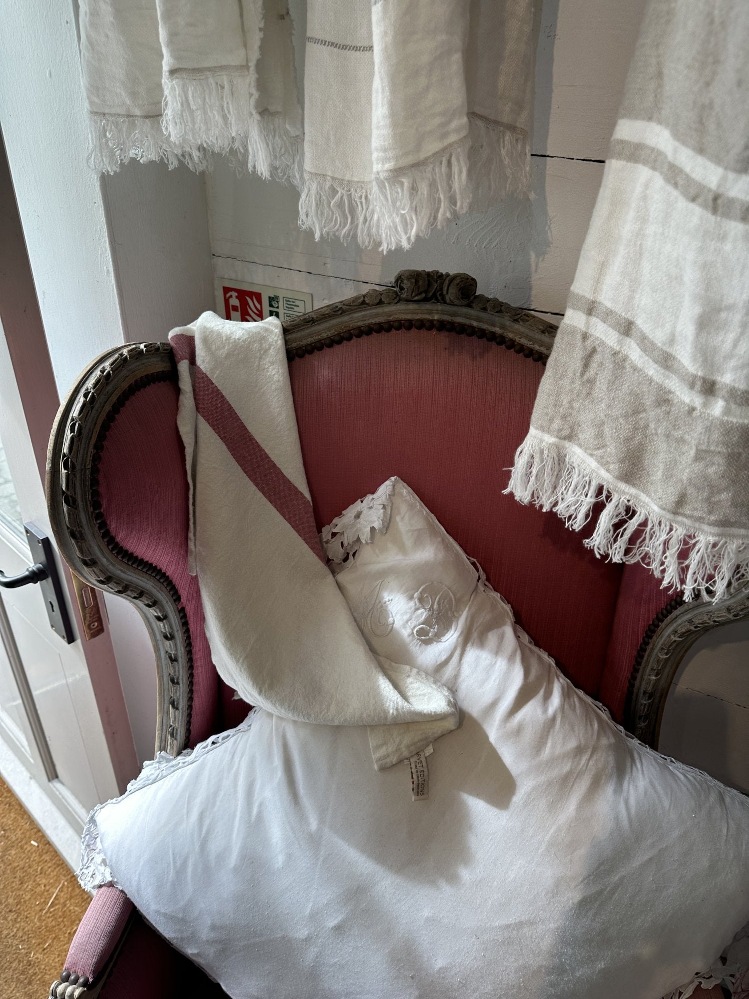 Charvet Editions "Doudou Stripe" (White & Red), White woven linen tea towel. Made in France.