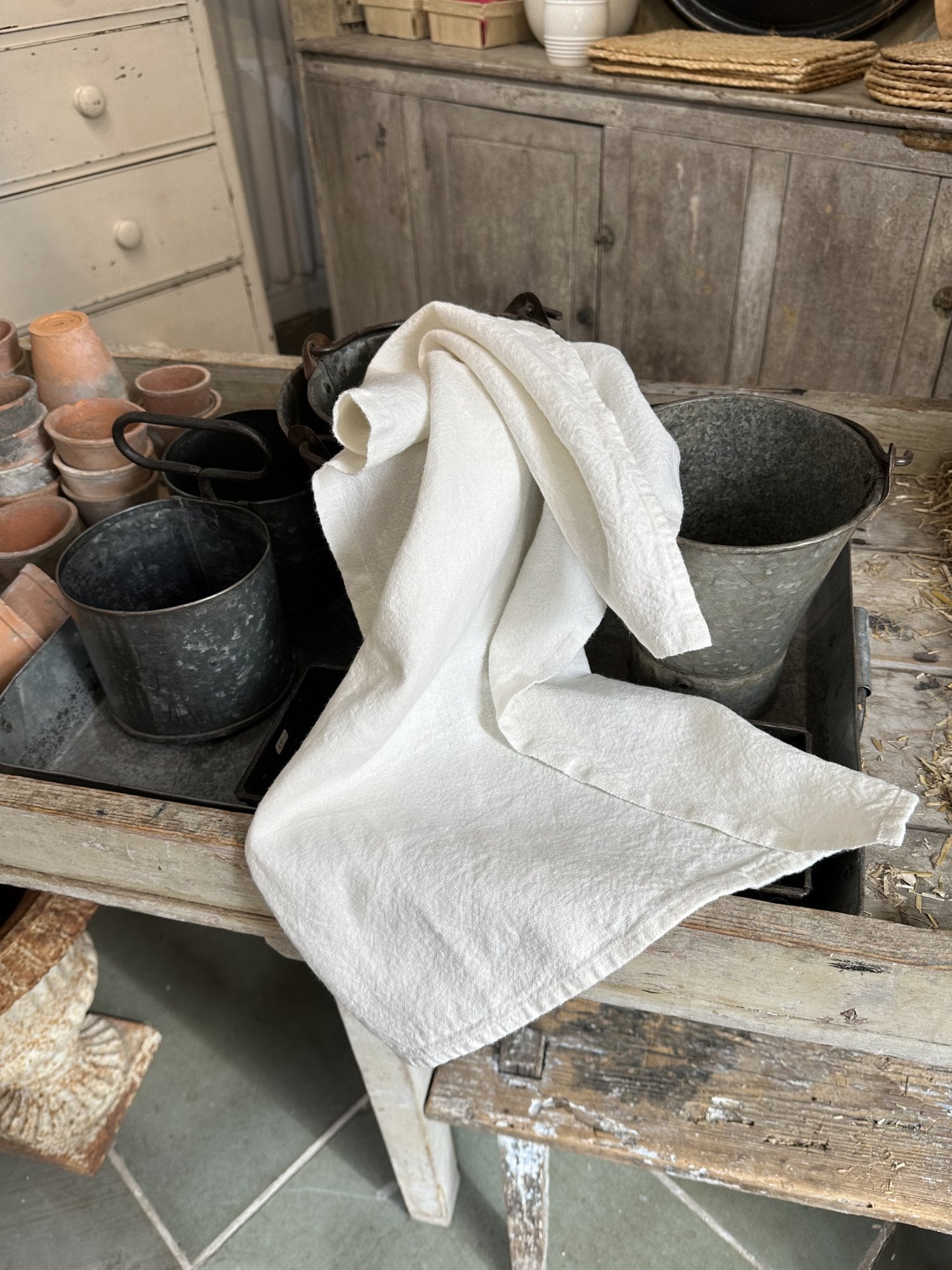 Charvet Editions "Doudou Plain" (White), White woven linen tea towel. Made in France. - Home Landing