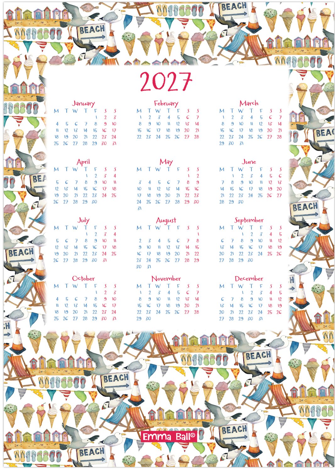 Emma Ball "Beach – 2027 Calendar", Pure cotton tea towel. Printed in the UK.