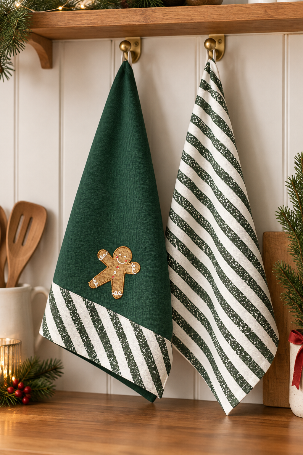 Waltons, "Candy Cane Green", Pack of 2 tea towels.