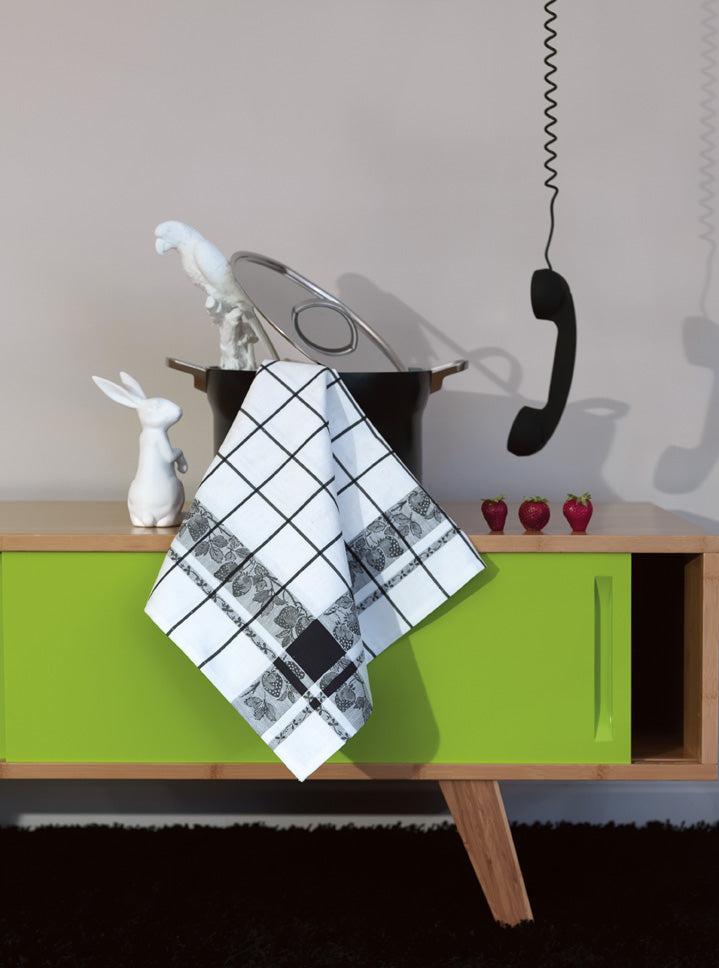 Jacquard Français "Fraises" (Black/White), Woven cotton tea towel. Made in France. - Home Landing