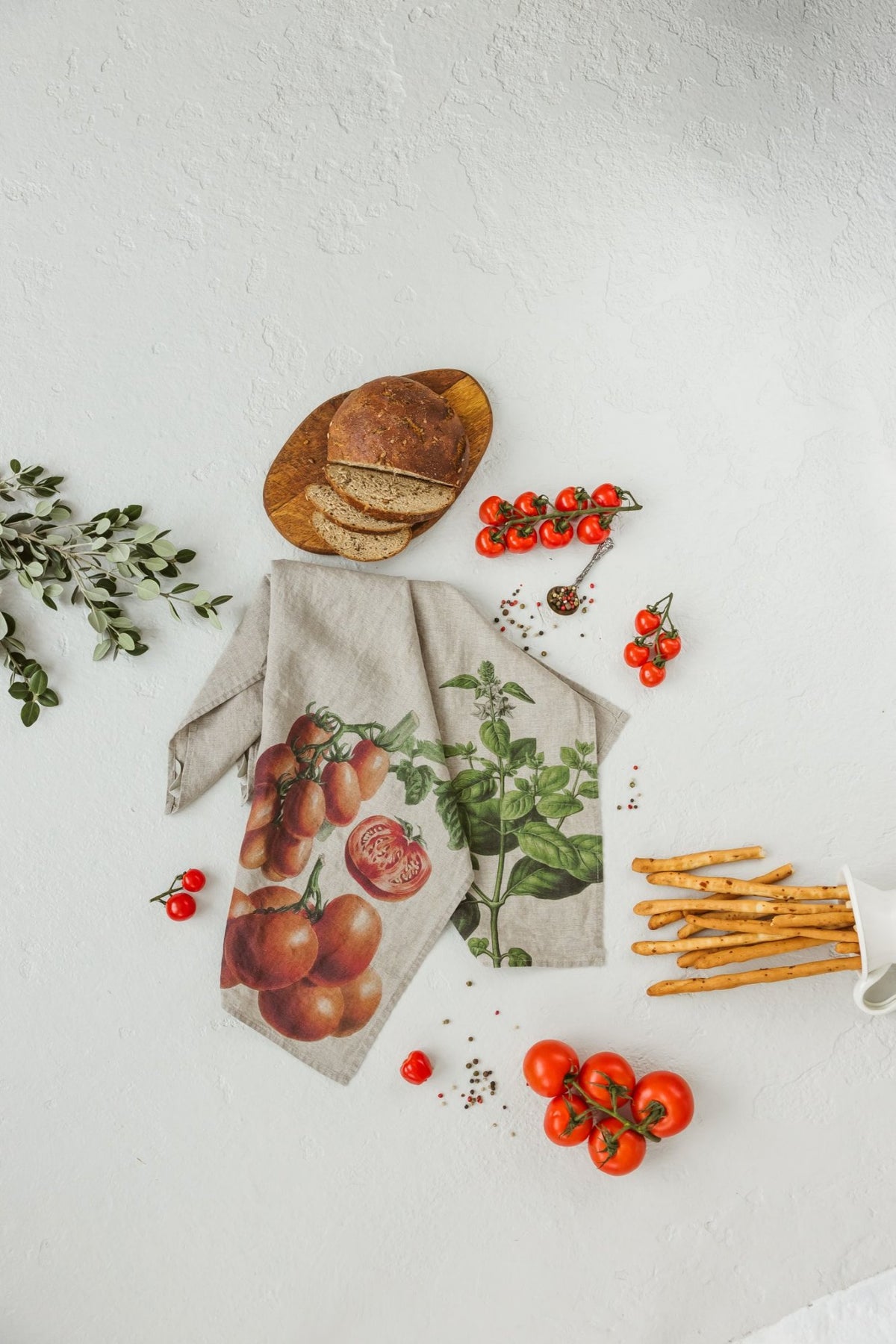Linoroom “Tomato & Basil”, Pair of linen printed tea towels.