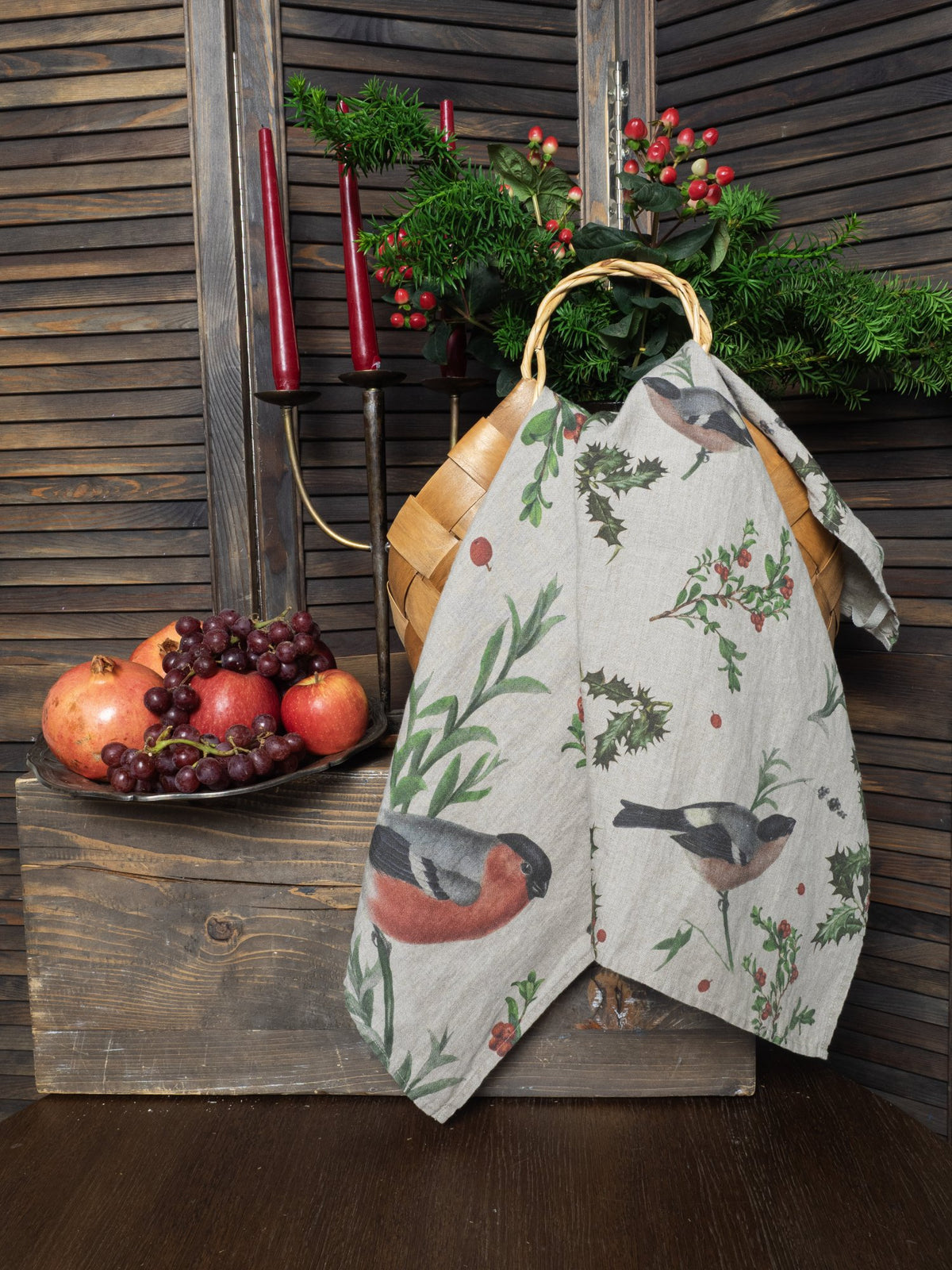 Linoroom “Winter Bullfinch”, Pair of linen printed tea towels.
