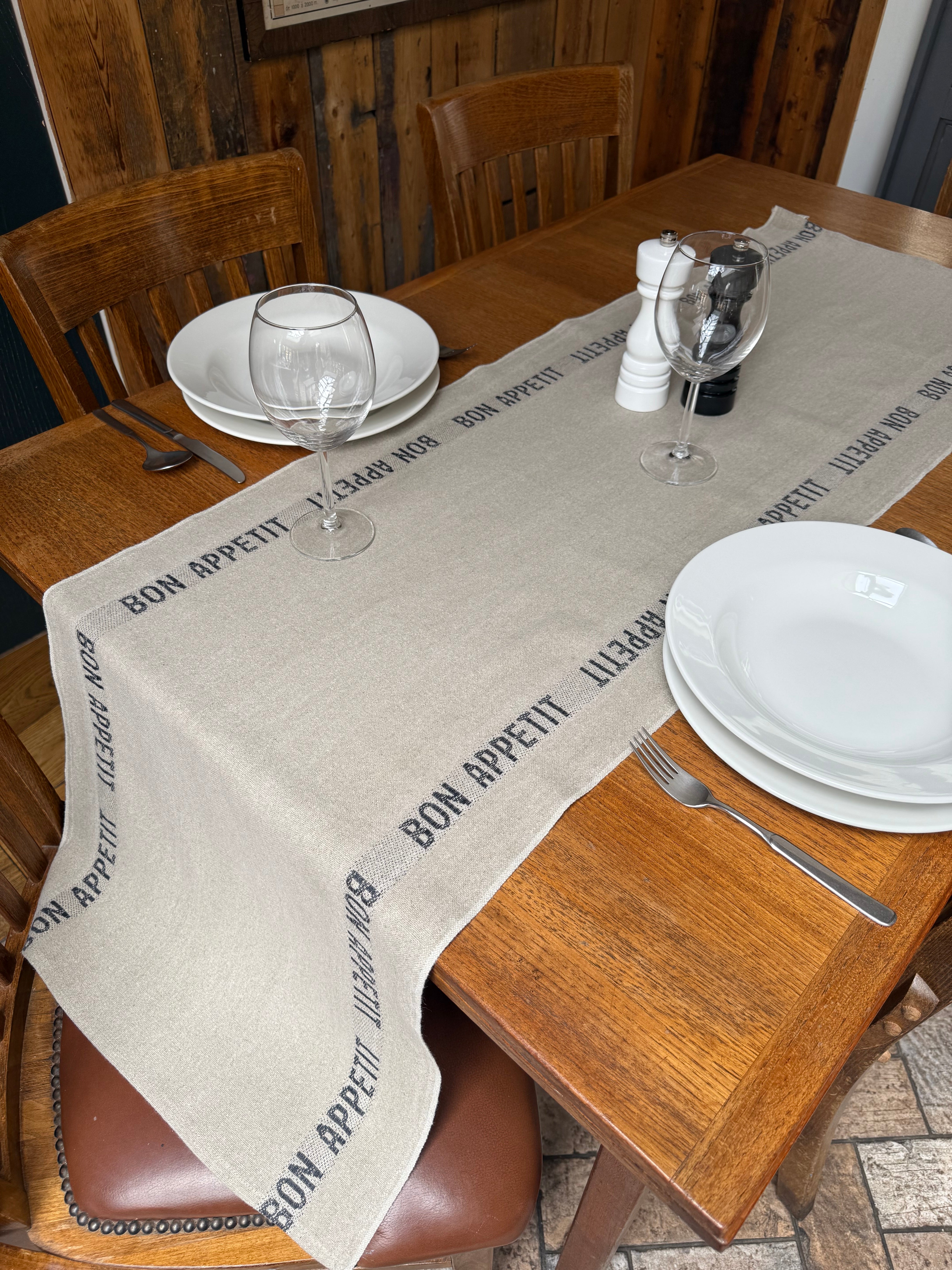 Charvet Editions "Bon Appetit" (Black), Long woven linen table runner. France