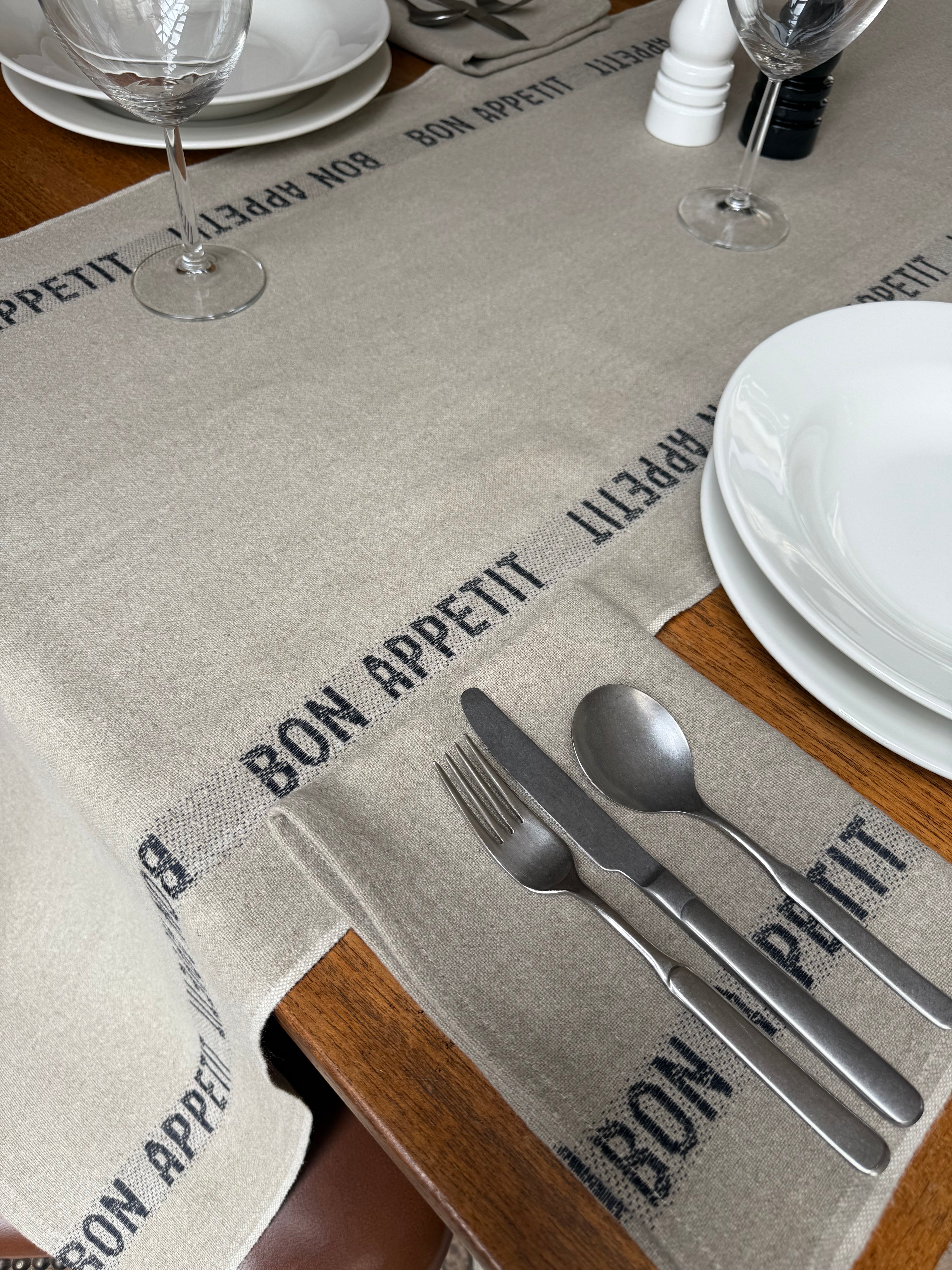 Charvet Editions "Bon Appetit" (Black), Long woven linen table runner. France