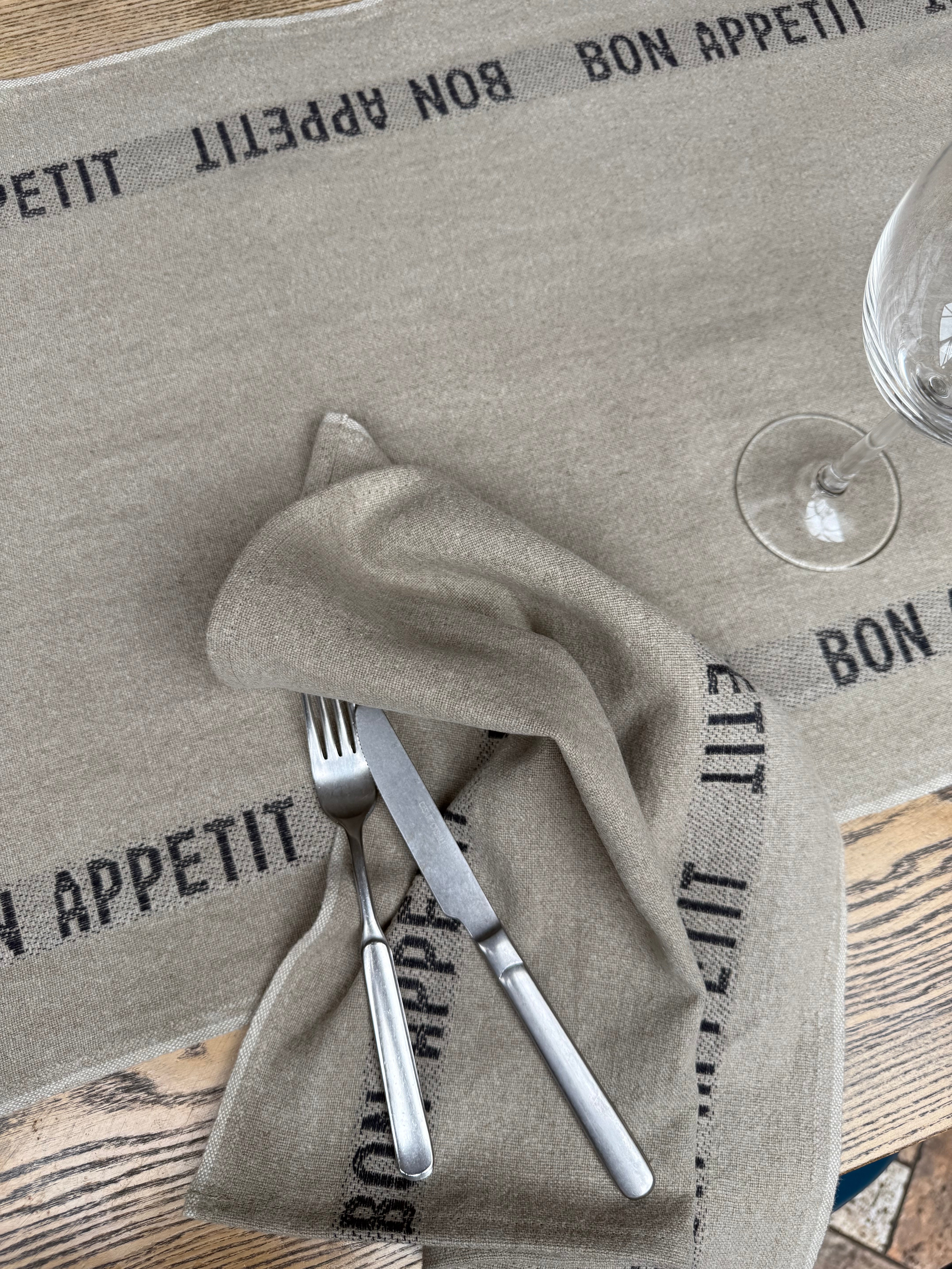 Charvet Editions "Bon Appetit" (Black), Long woven linen table runner. France