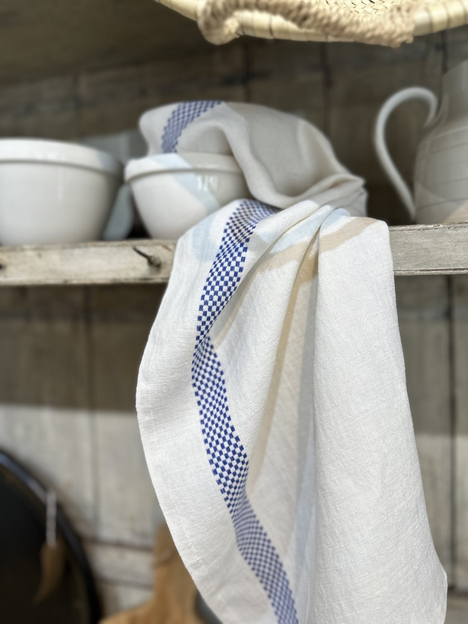 Charvet Editions "Lustucru" (Blue), White woven linen tea towel. Made in France. - Home Landing