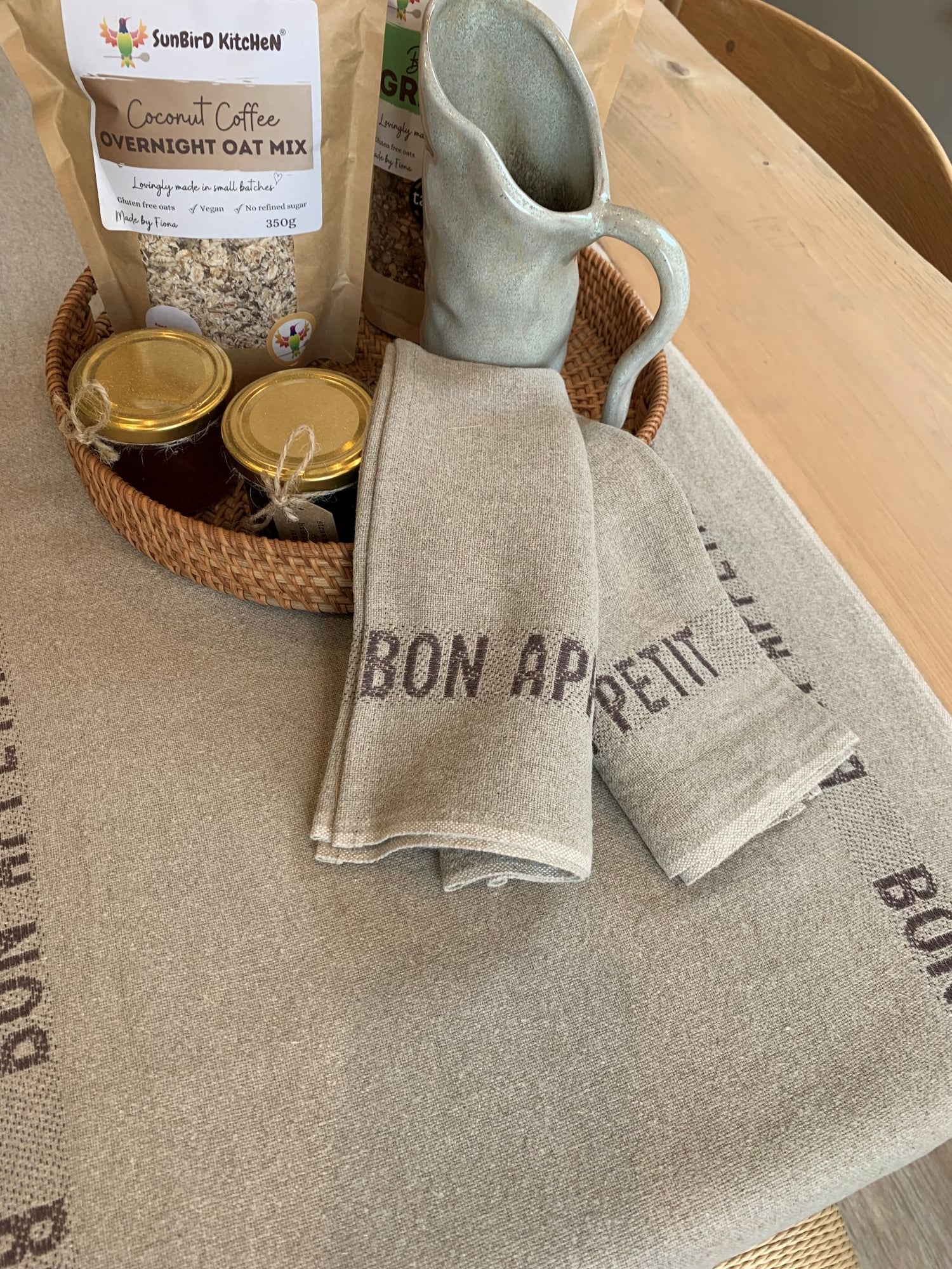 Charvet Editions "Bon Appetit" (Marron), Natural woven linen table runner. Made in France.