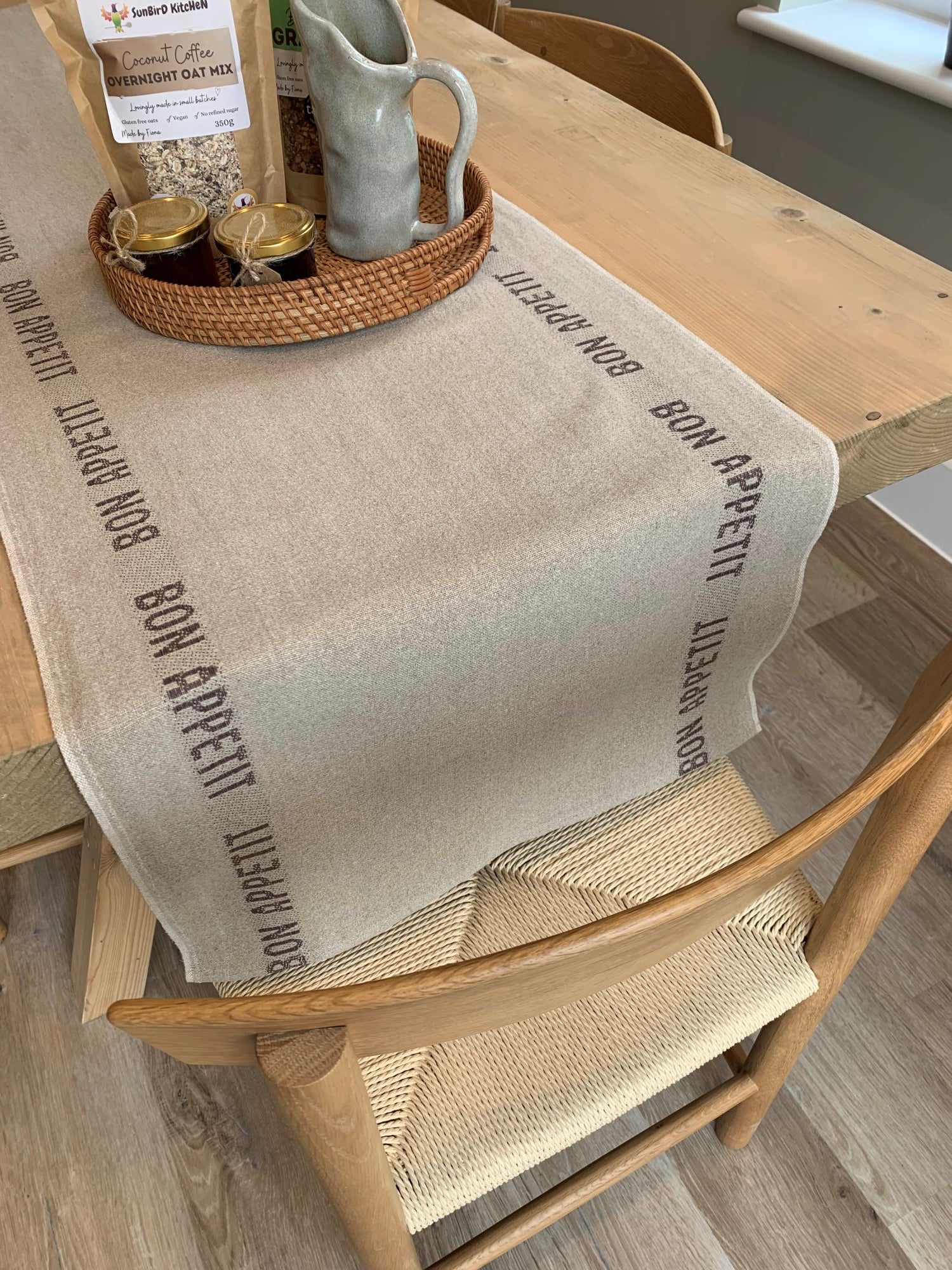 Charvet Editions "Bon Appetit" (Marron), Natural woven linen table runner. Made in France.