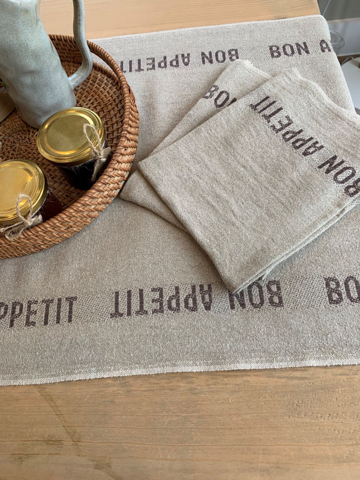 Charvet Editions "Bon Appetit" (Marron), Natural woven linen table runner. Made in France.