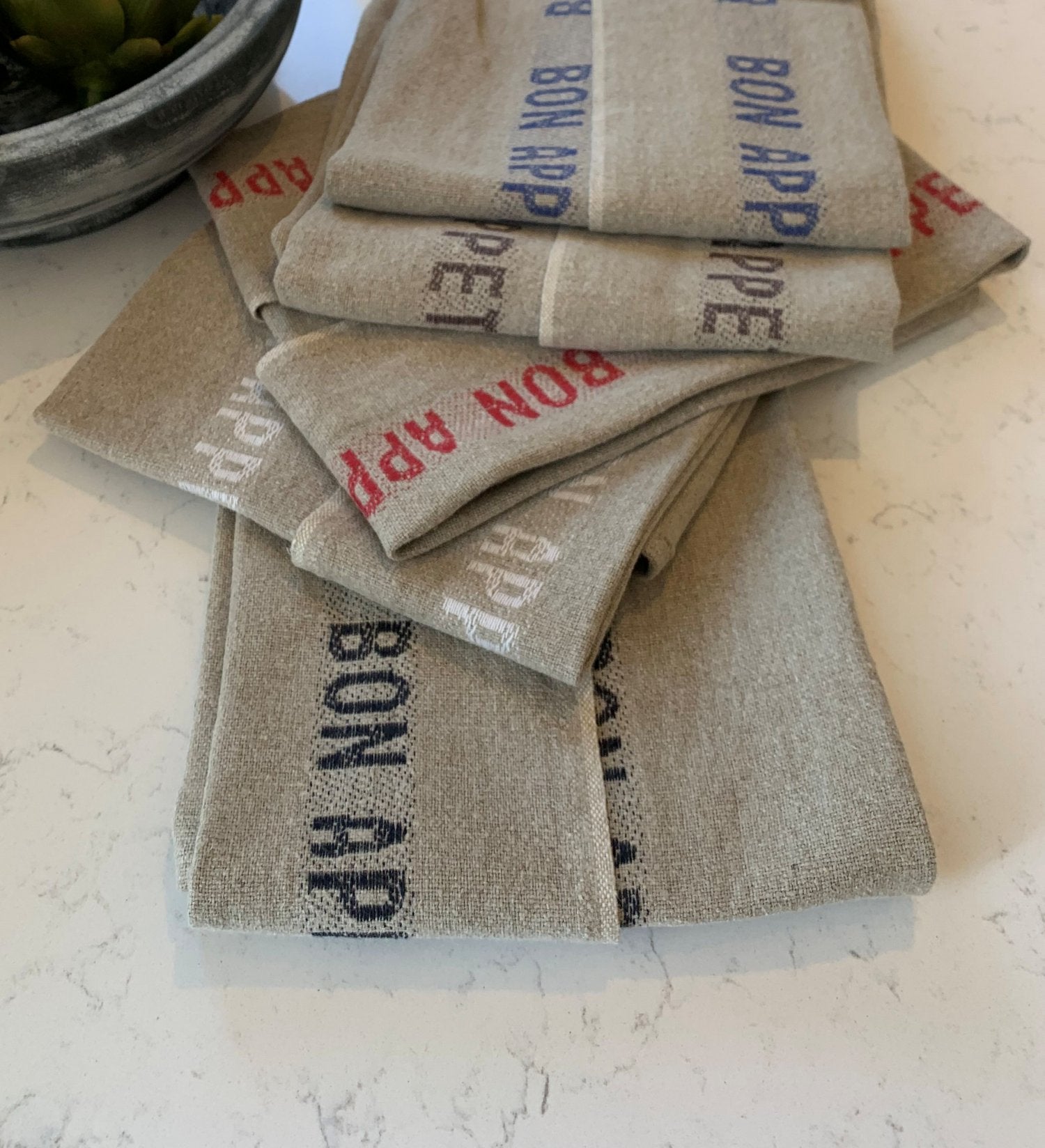 Charvet Editions "Bon Appetit" (Marron), Natural woven linen tea towel. Made in France.