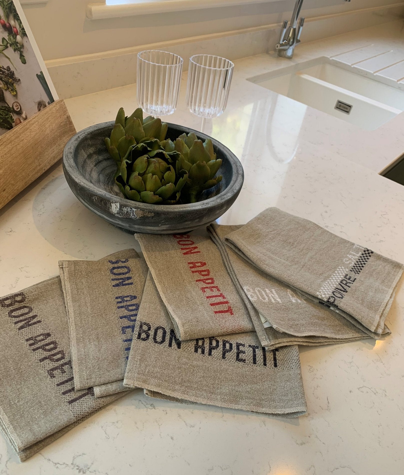 Charvet Editions "Bon Appetit" (Blue), Natural woven linen napkin. Made in France.