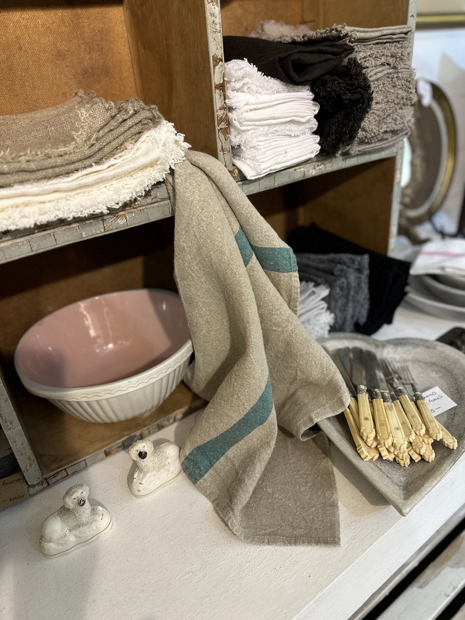 Charvet Editions "Doudou Stripe" (Natural & Aqua), Natural woven linen tea towel. Made in France. - Home Landing