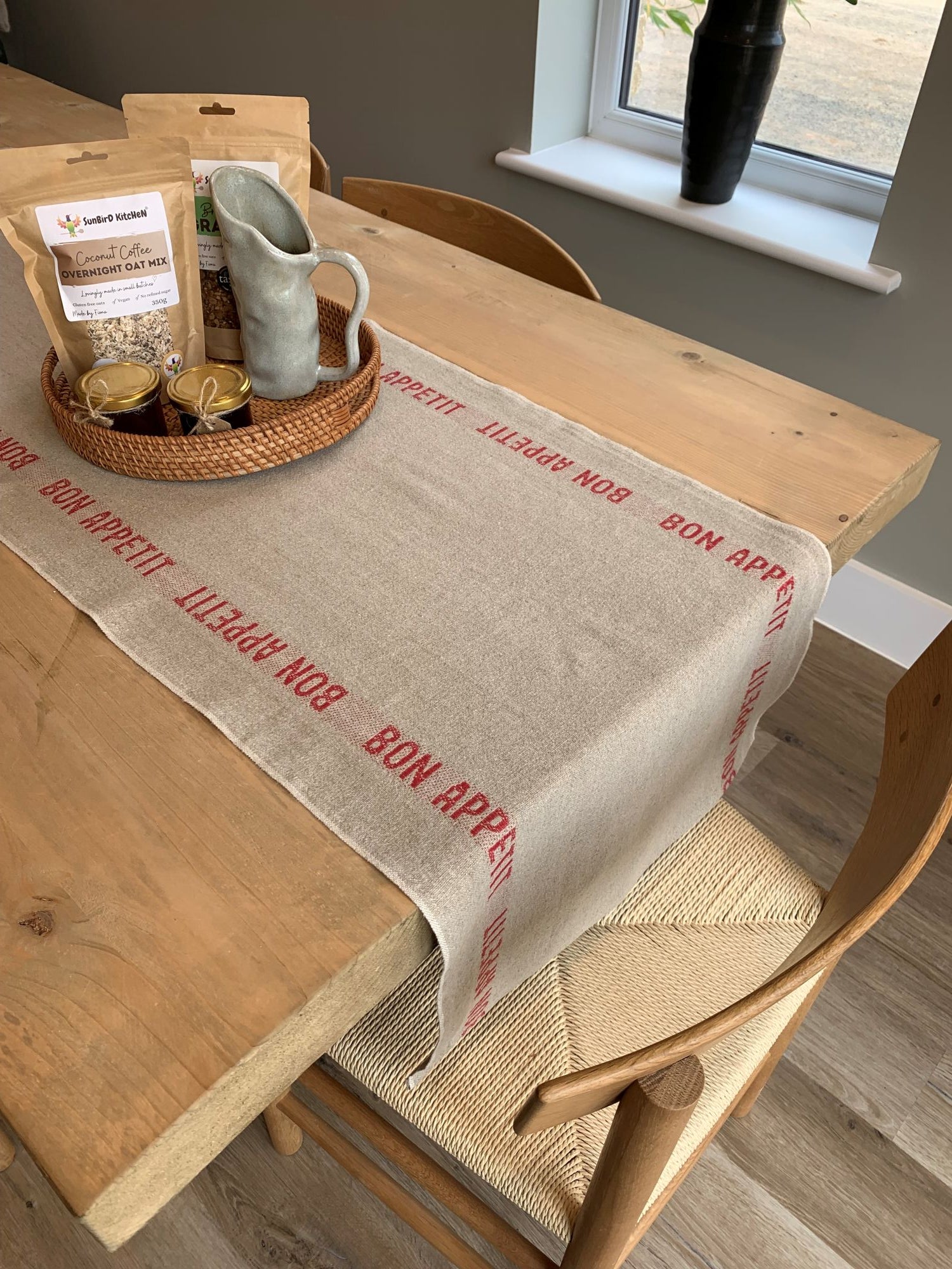 Charvet Editions "Bon Appetit" (Red), Natural woven linen table runner. Made in France. - Home Landing