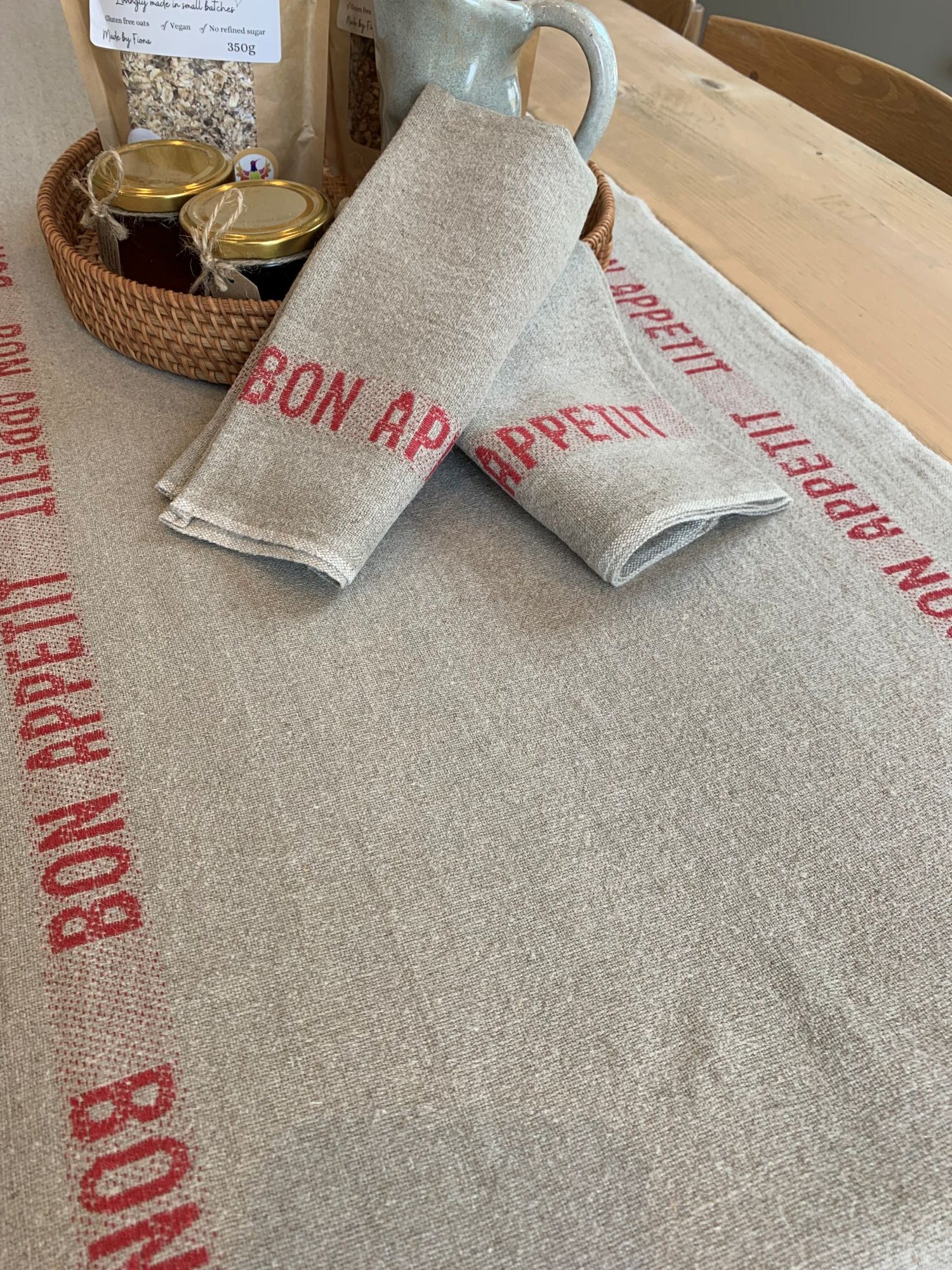Charvet Editions "Bon Appetit" (Red), Natural woven linen table runner. Made in France. - Home Landing