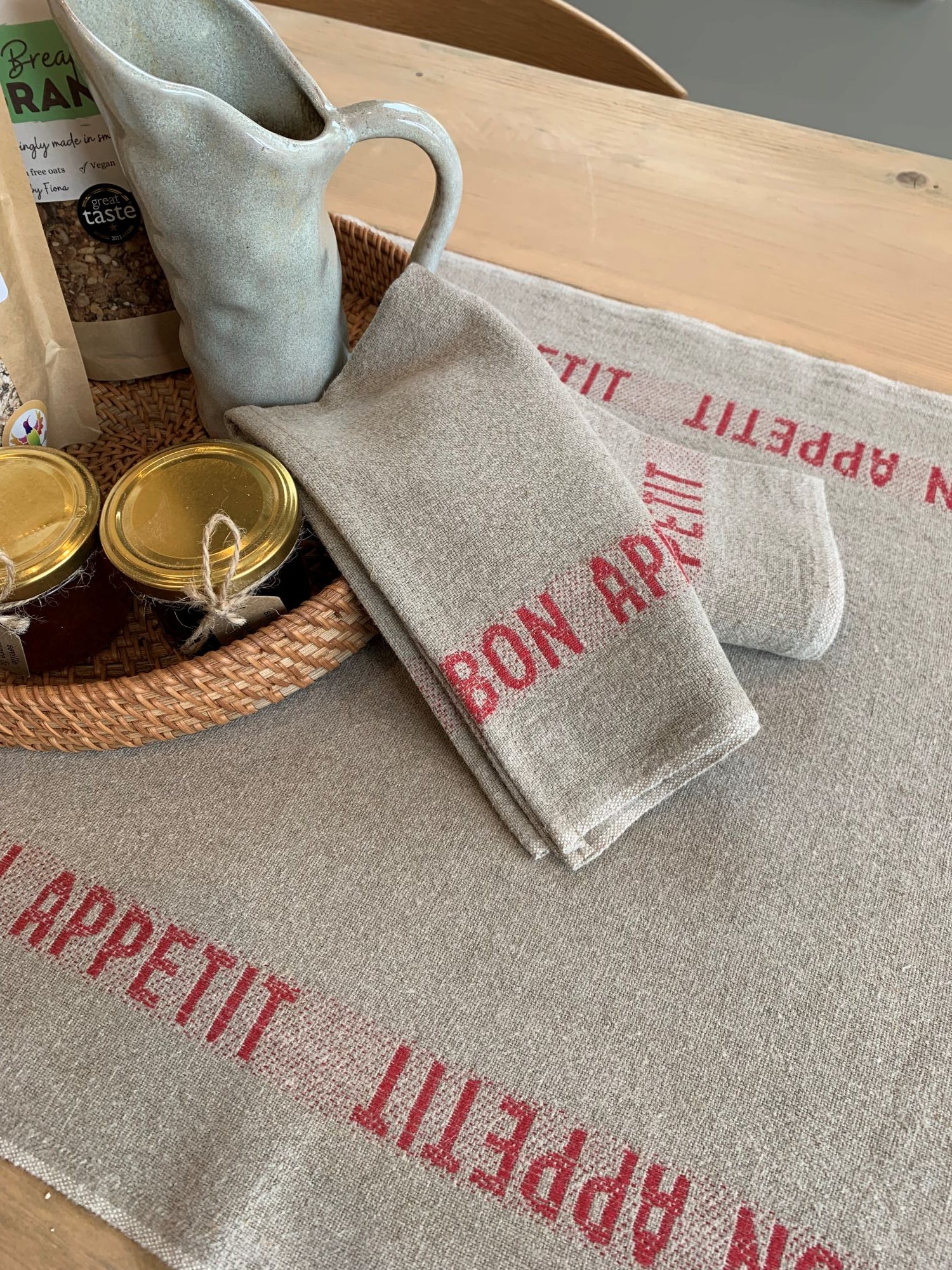 Charvet Editions "Bon Appetit" (Red), Natural woven linen table runner. Made in France. - Home Landing