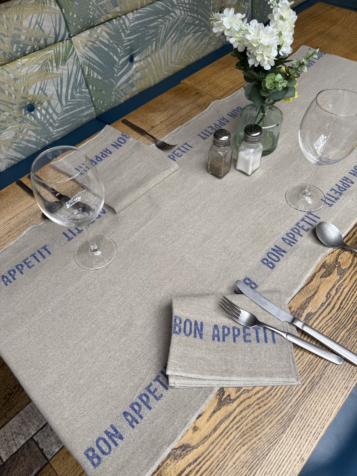 Charvet Editions "Bon Appetit" (Blue), Natural woven linen table runner. Made in France.