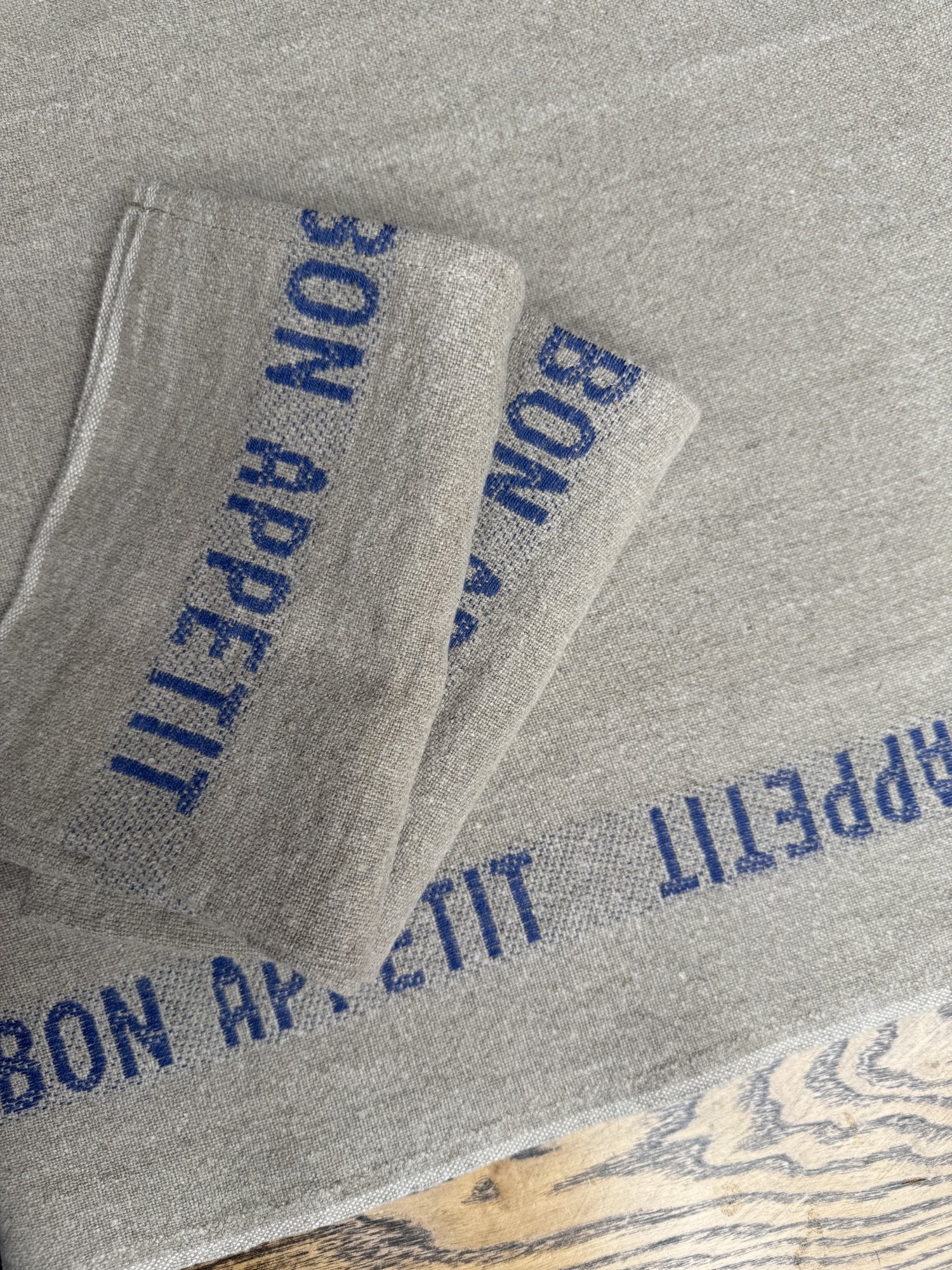 Charvet Editions "Bon Appetit" (Blue), Natural woven linen table runner. Made in France.