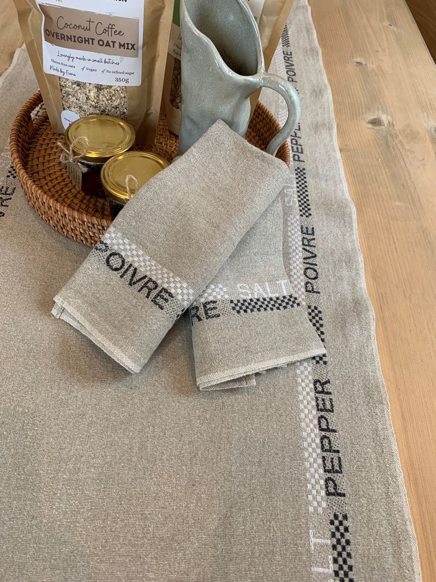 Charvet Editions "Salt & Pepper", Natural woven linen table runner. Made in France.