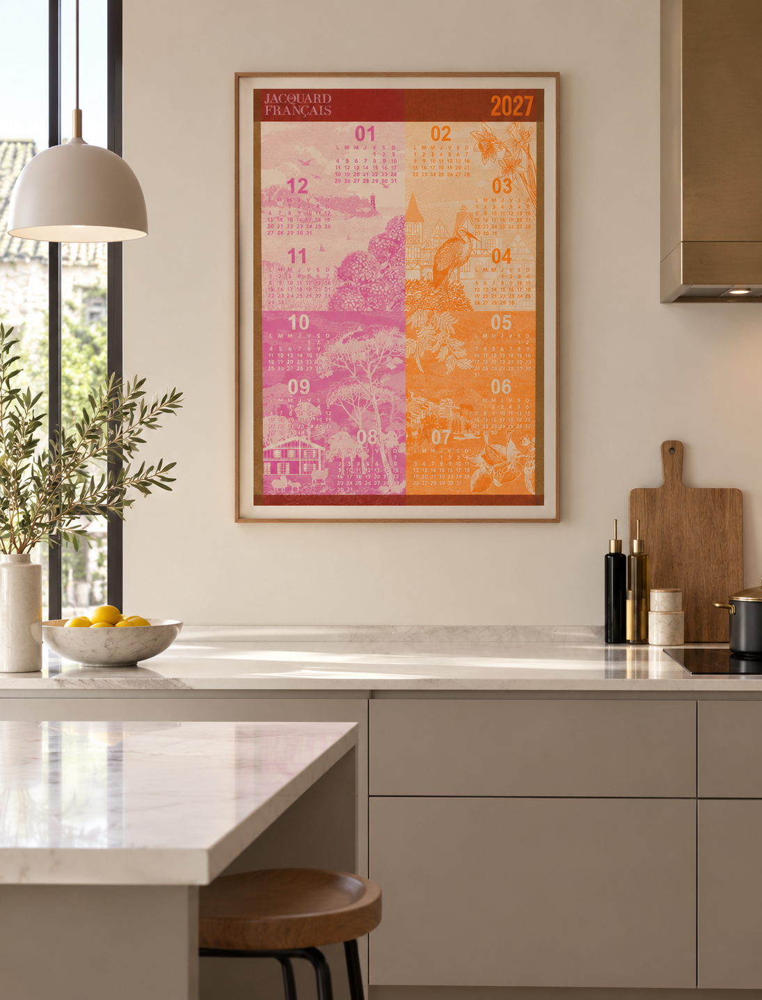 Jacquard Français "Calendrier 2027" (Orange), Woven cotton tea towel. Made in France.