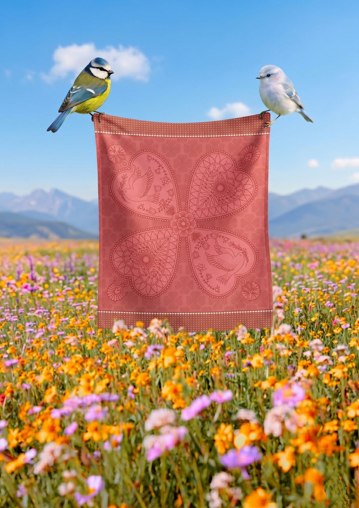 Jacquard Français "Peace & Love" (Red), Woven cotton tea towel. Made in France.