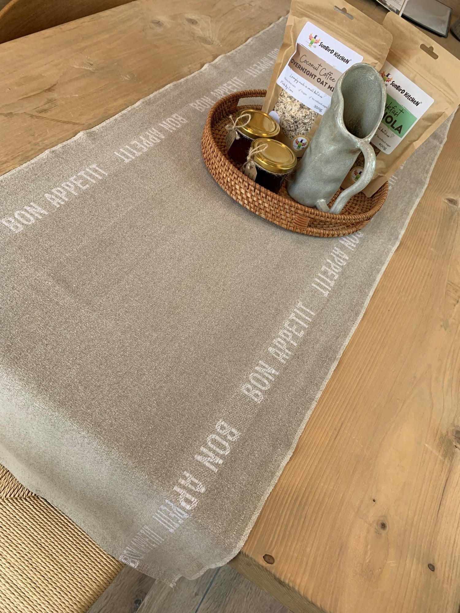 Charvet Editions "Bon Appetit" (White), Natural woven linen table runner. Made in France.