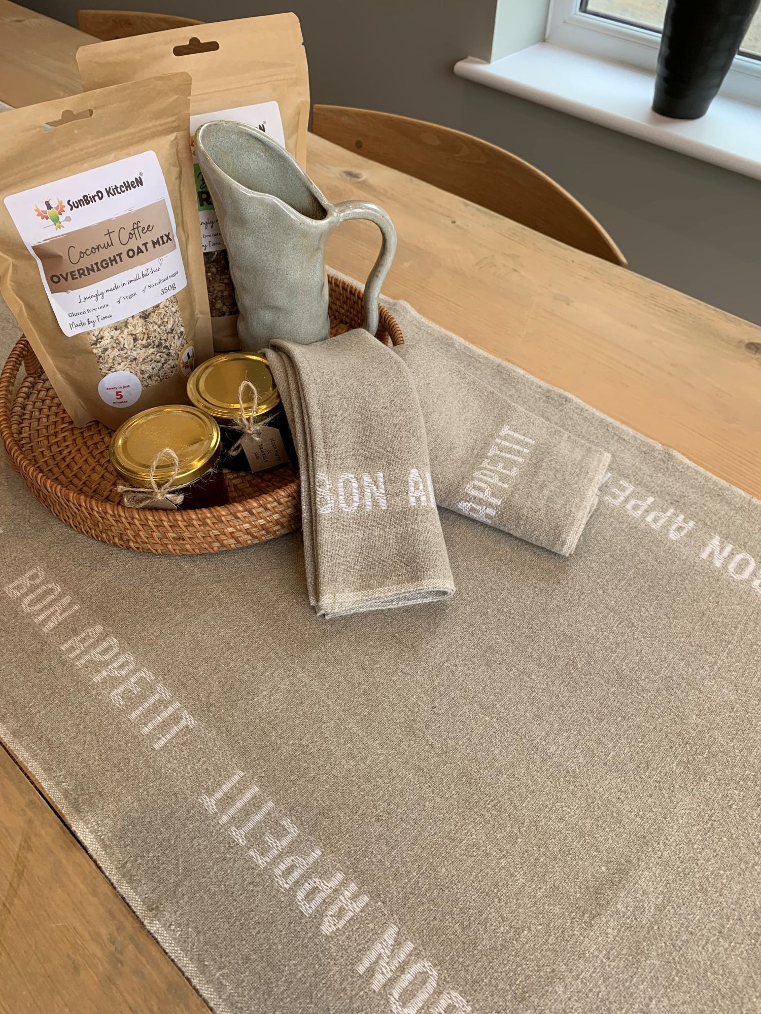 Charvet Editions "Bon Appetit" (White), Natural woven linen table runner. Made in France.