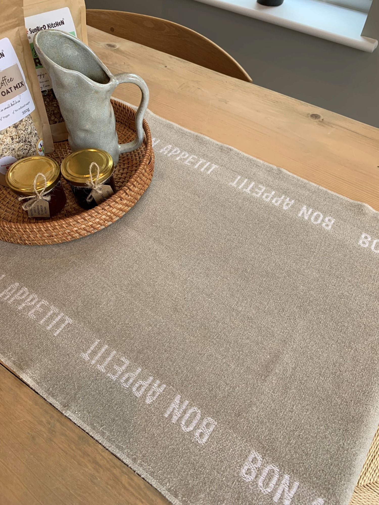 Charvet Editions "Bon Appetit" (White), Natural woven linen table runner. Made in France.