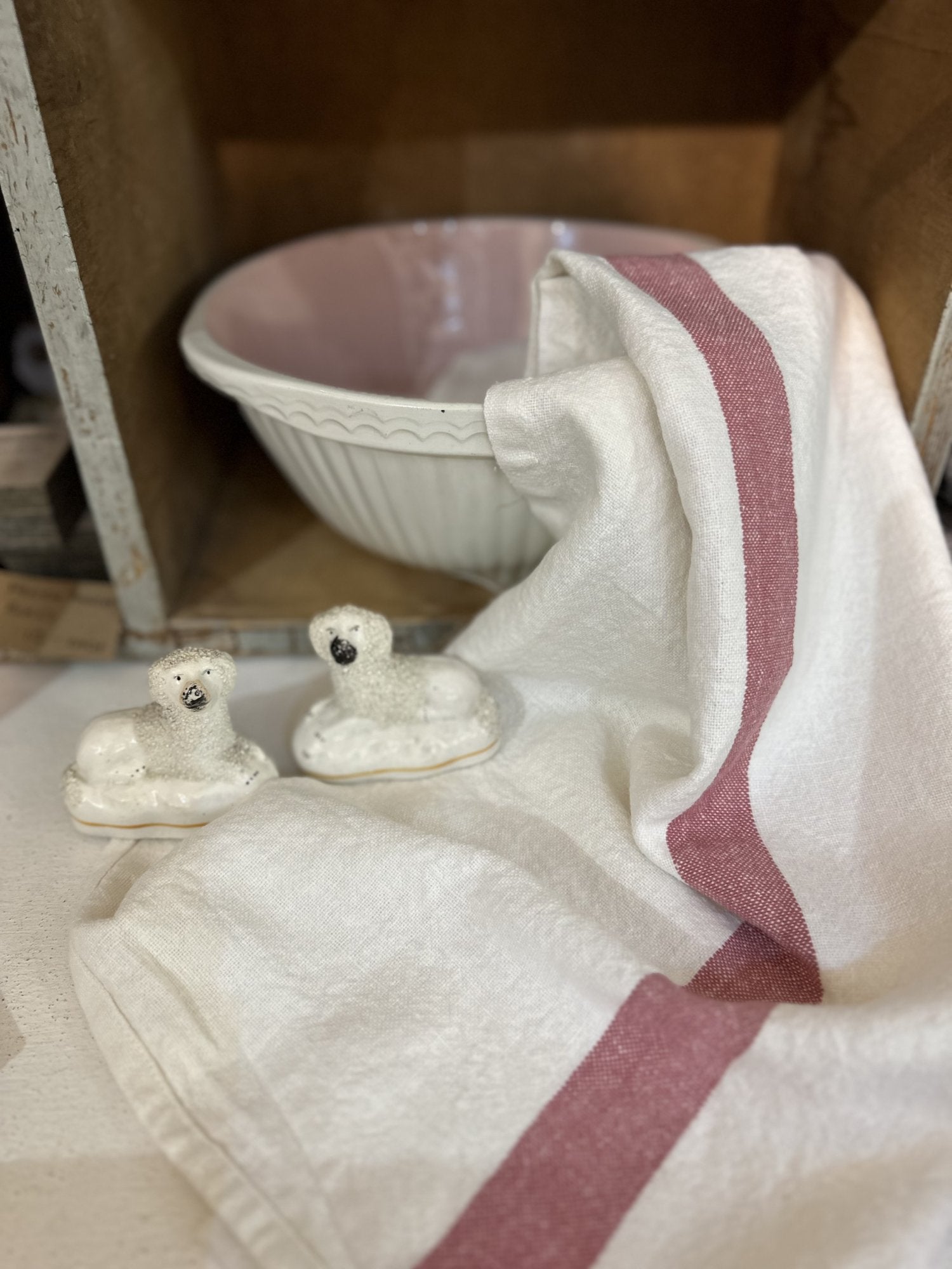 Charvet Editions "Doudou Stripe" (White & Rose), White woven linen tea towel. Made in France. - Home Landing