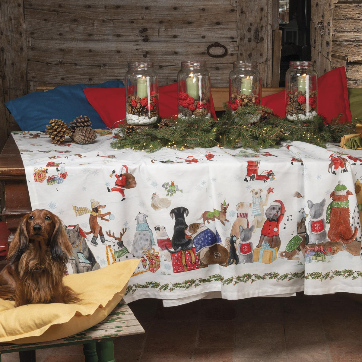 Tessitura Toscana Telerie, “Jingle Woof”, Pure cotton printed table runner.