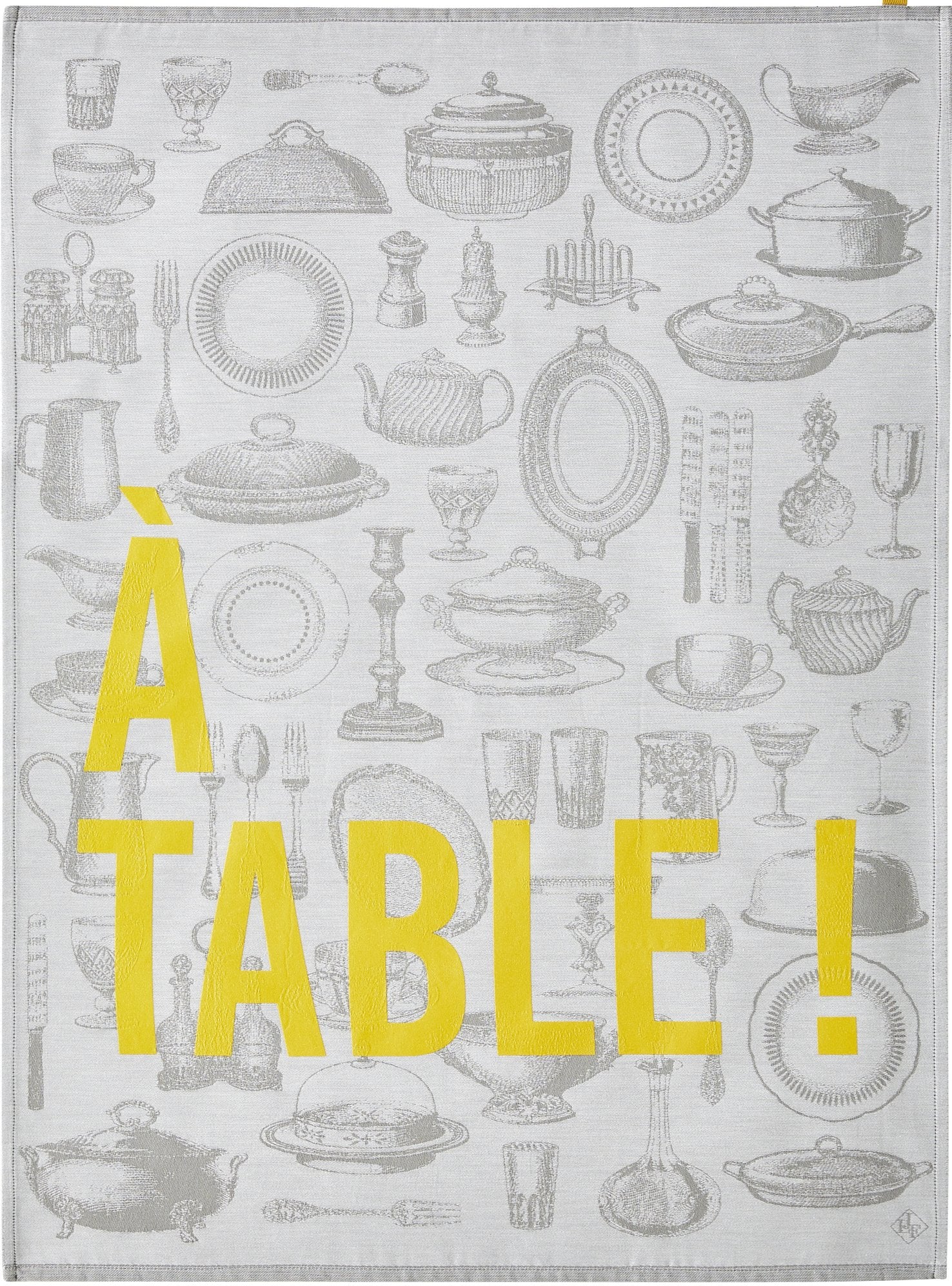 Jacquard Francais " A Table" (Grey), Woven cotton tea towel. Made in France.