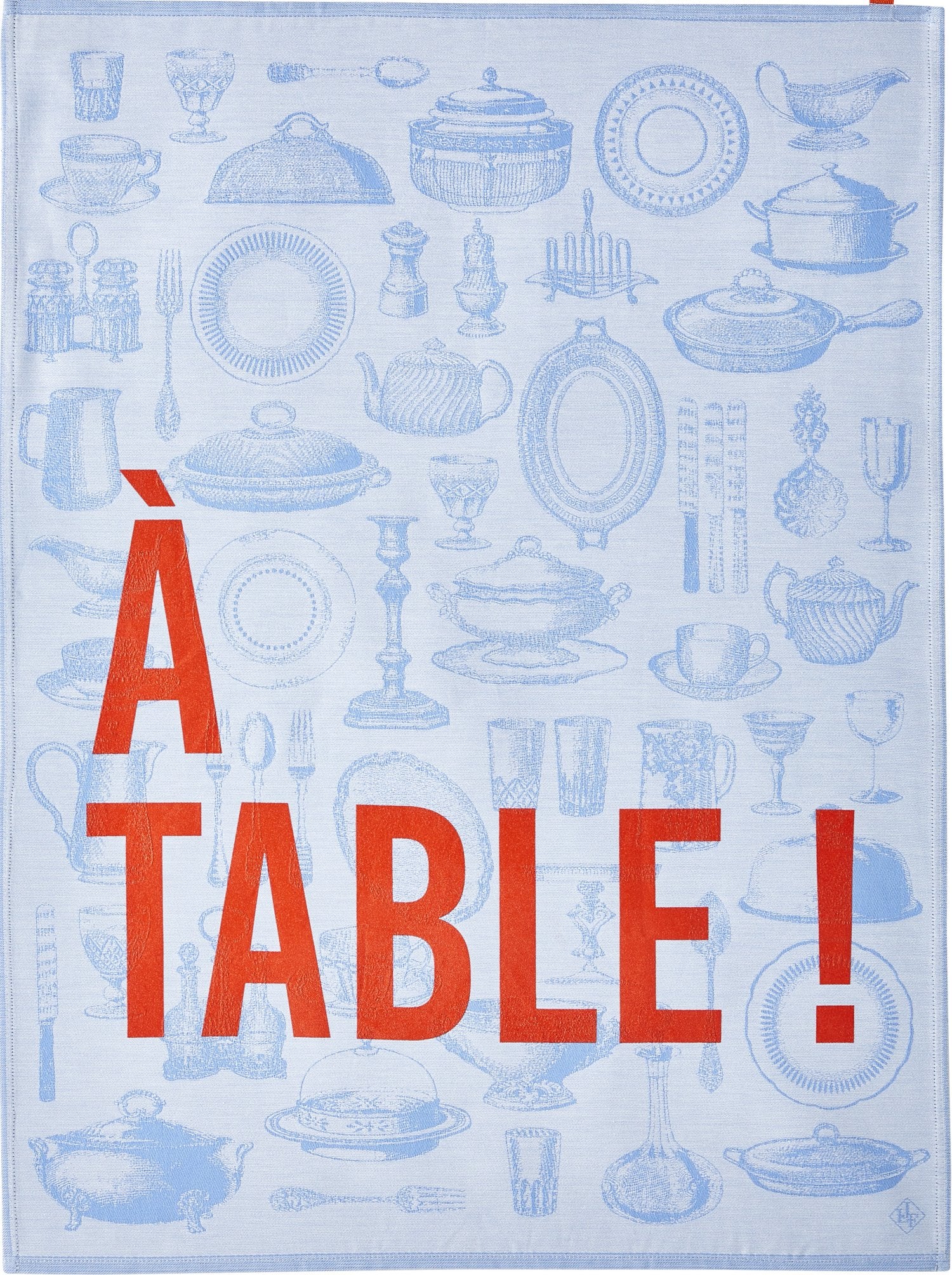 Jacquard Francais " A Table" (Blue), Woven cotton tea towel. Made in France.