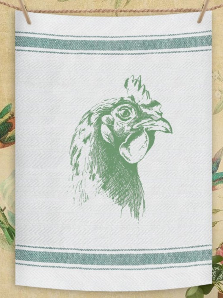 Indian Woven, “Rooster-Green”, Cotton waffle tea towel - Home Landing