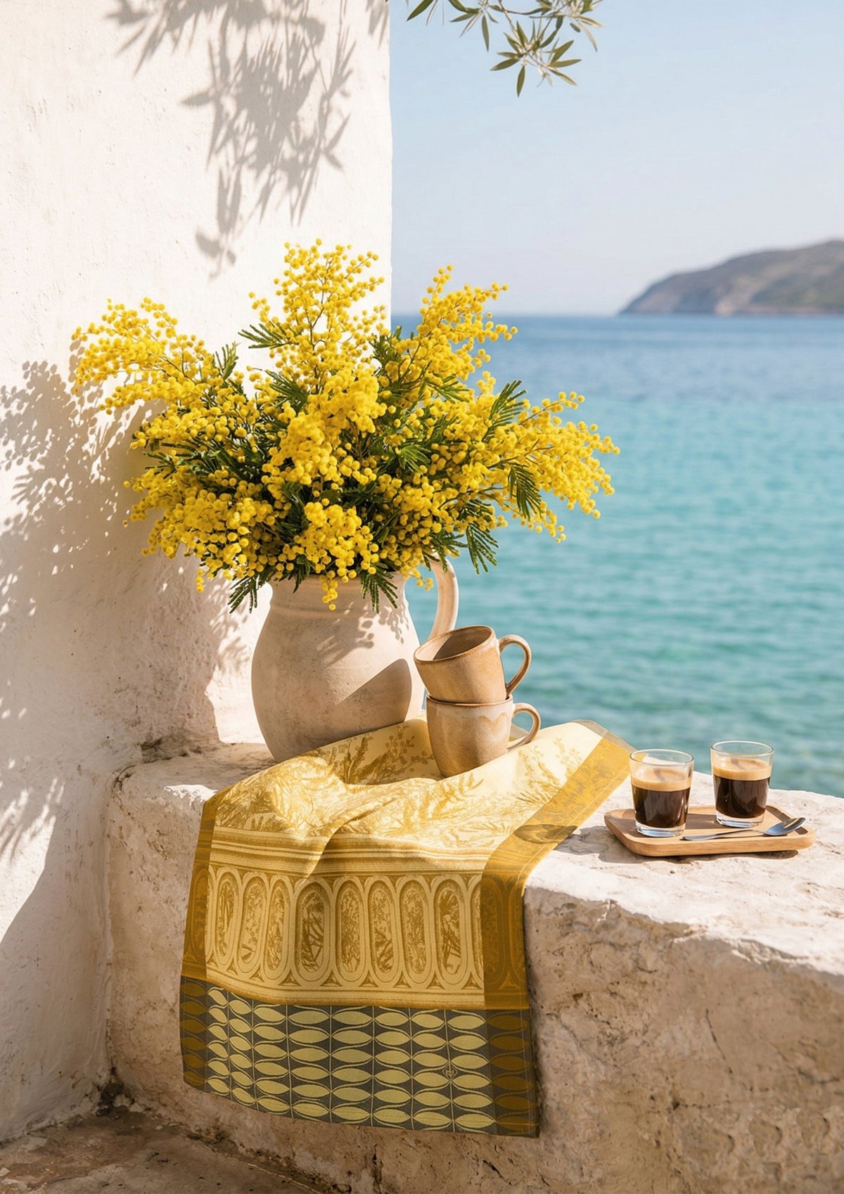 Jacquard Français "Riviera Mimosa" (Yellow), Woven cotton tea towel. Made in France.