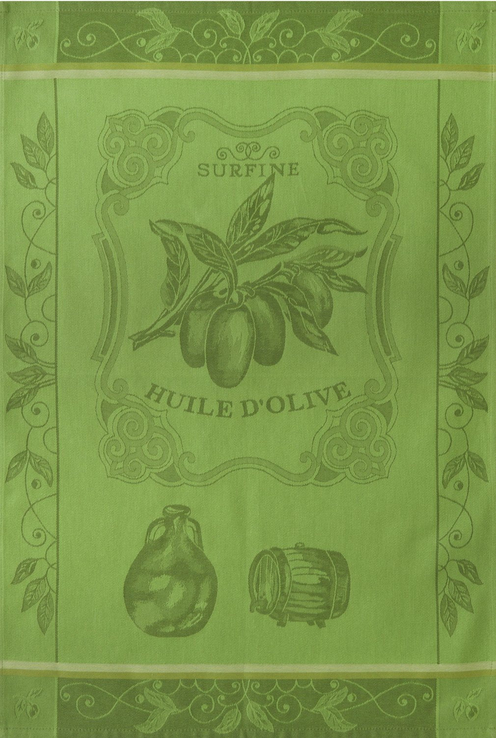 Coucke “Huile Surfine Verte", Woven cotton tea towel. Designed in France.