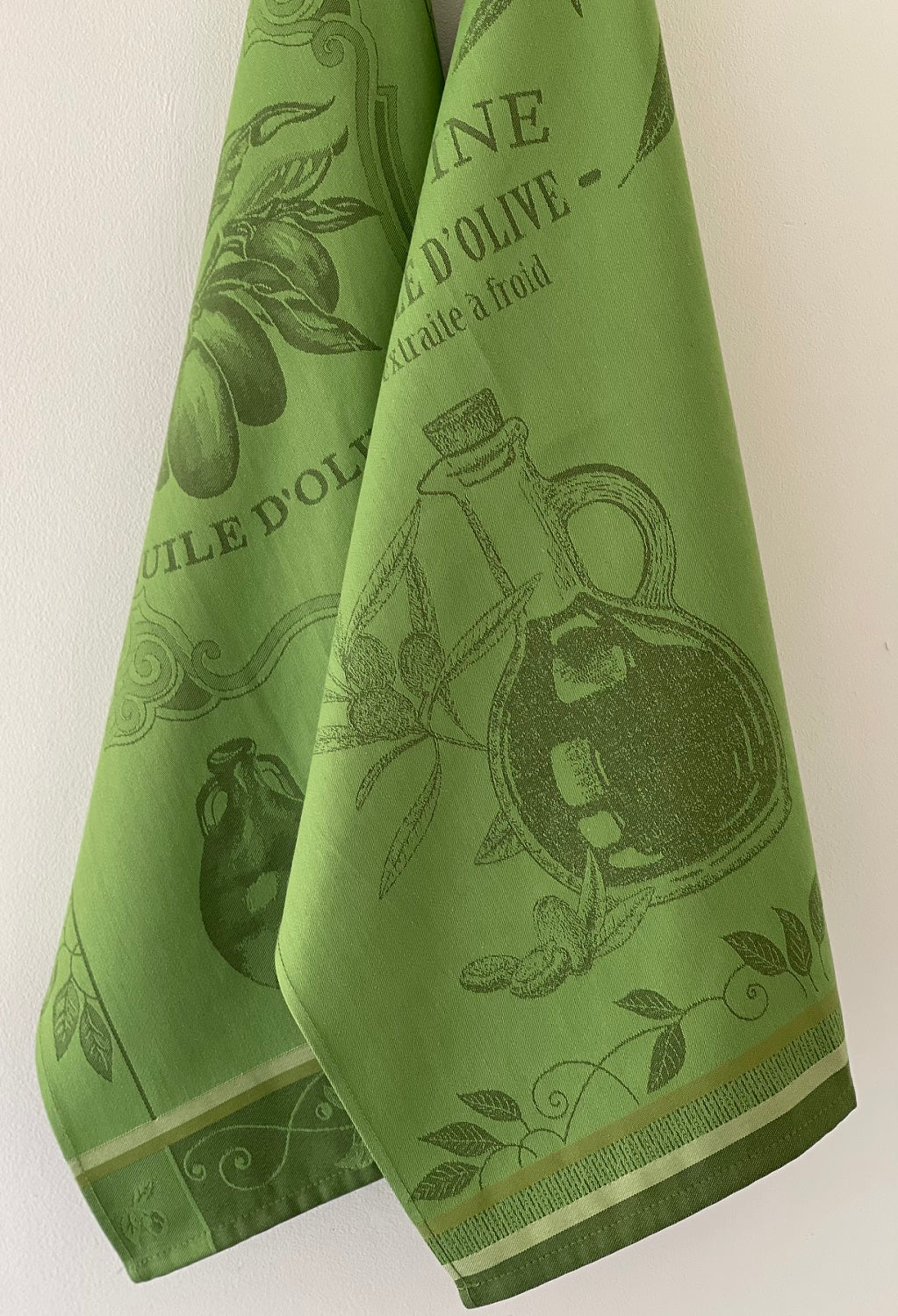 Coucke “Huile Surfine Verte", Woven cotton tea towel. Designed in France.