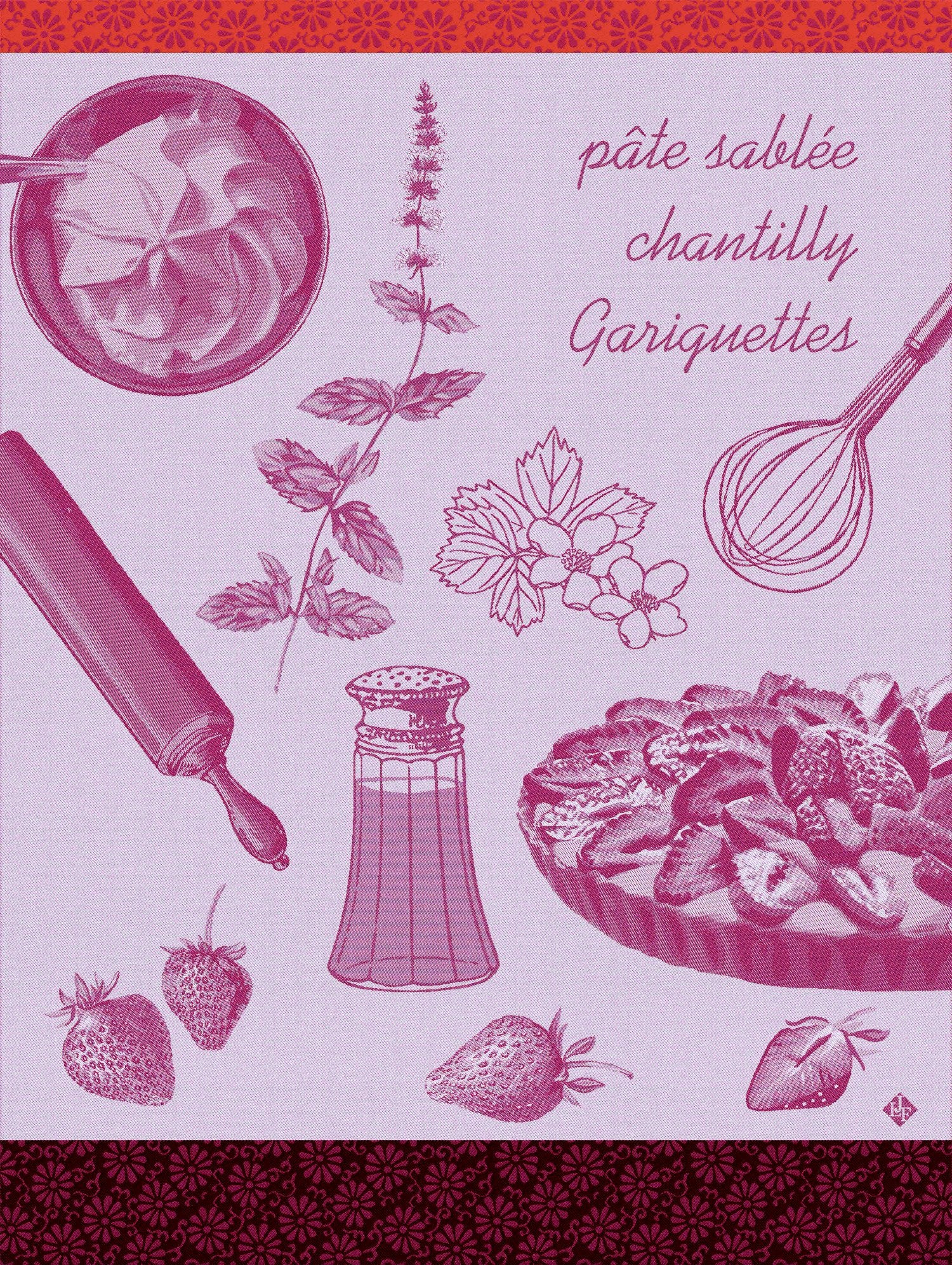 Jacquard Français "Tarte aux Fraises" (Pink), Woven cotton tea towel. Made in France.